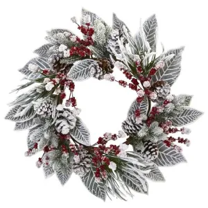 24" Artificial Snowy Magnolia Berry Wreath