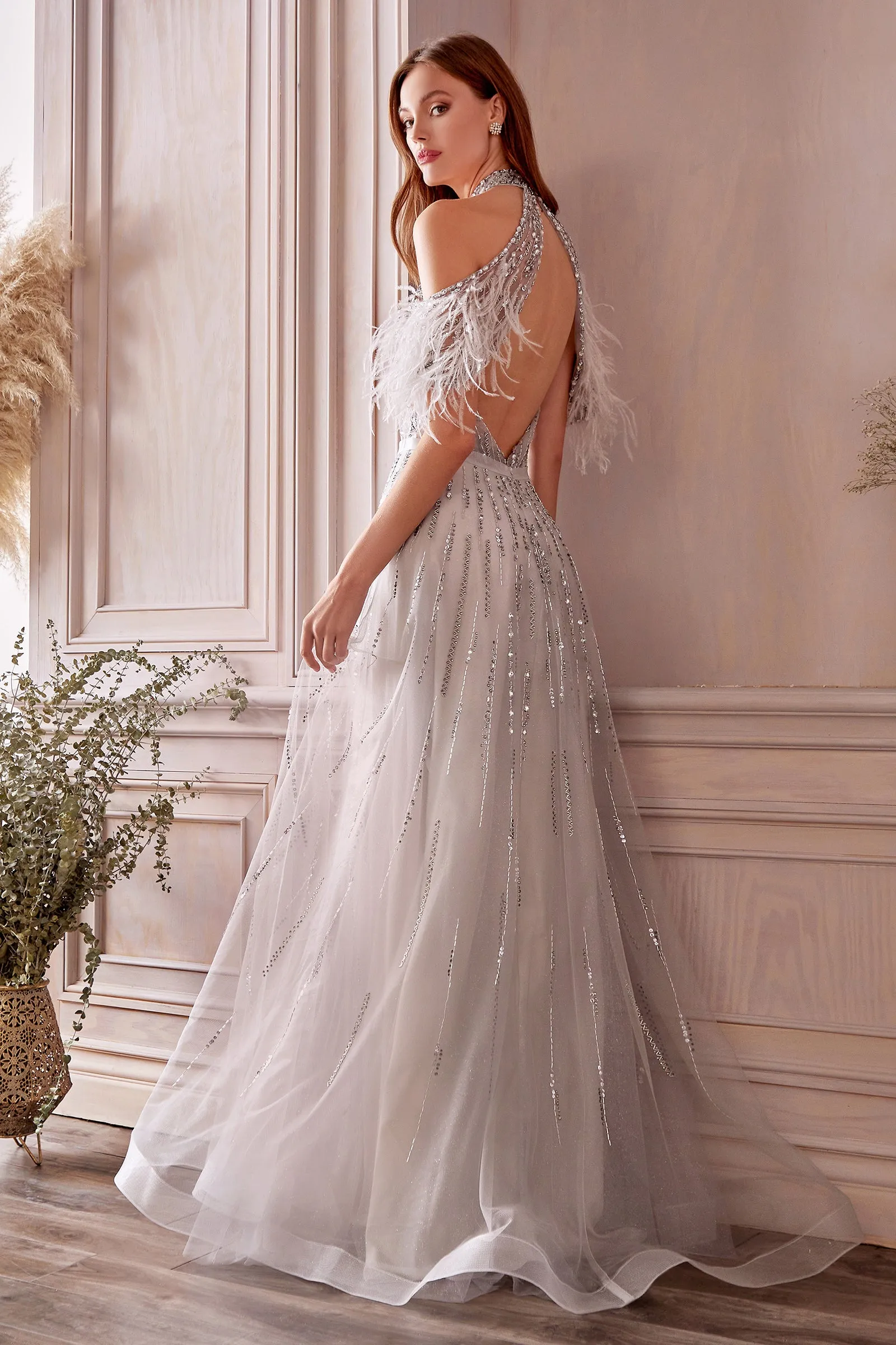 ANDREA & LEO A1023 Feather Beaded Halter A Line Dress
