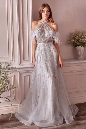 ANDREA & LEO A1023 Feather Beaded Halter A Line Dress