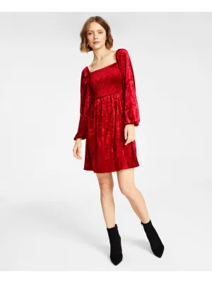 BAR III DRESSES Womens Red Unlined Smocked Pullover Long Sleeve Square Neck Above The Knee Fit Flare Dress BAR III DRESSES Womens Red Unlined Smocked Pullover Long Sleeve Square Neck Above The Knee Fit Flare Dress