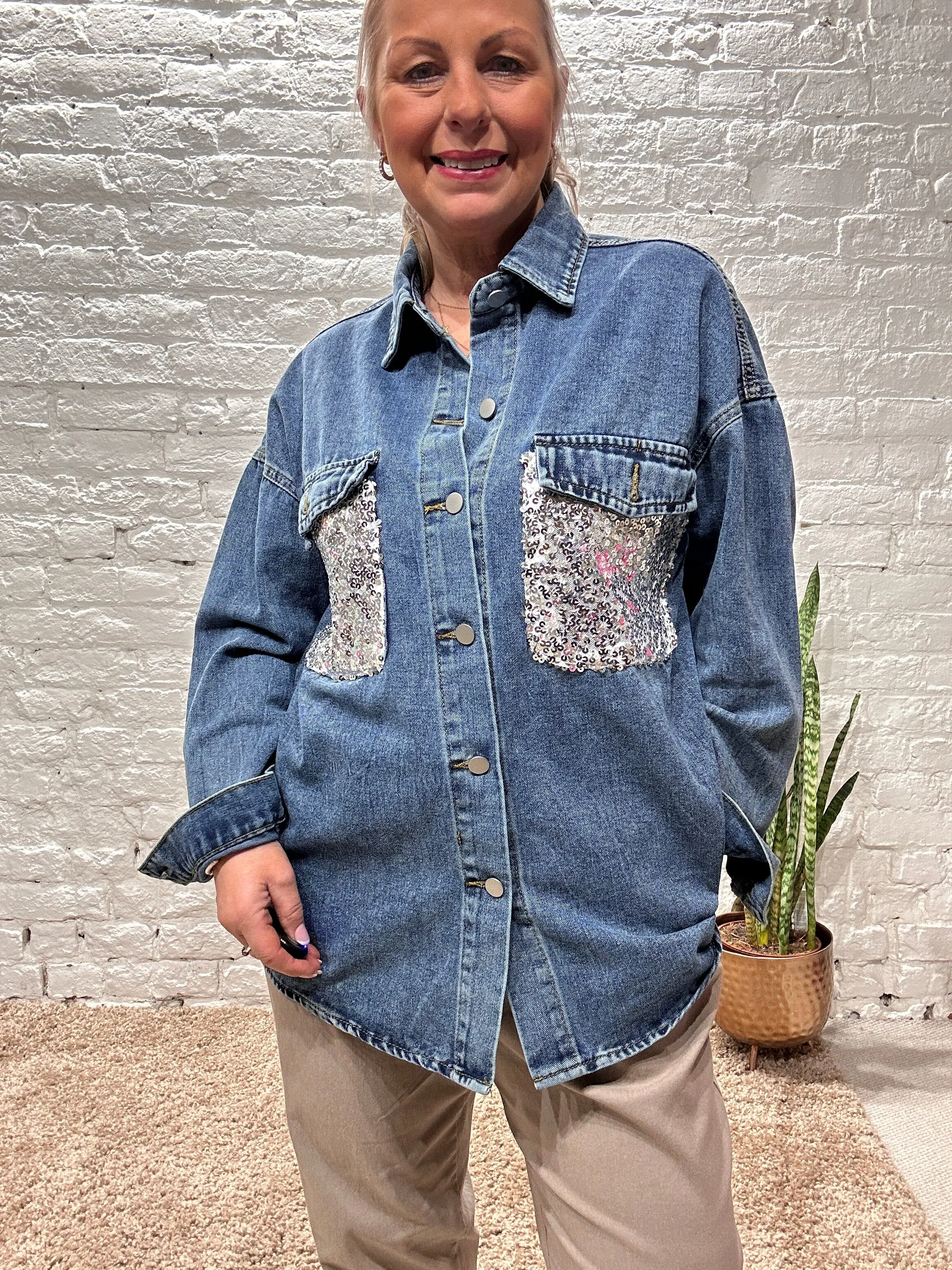 Bluefoundry Sequin Pockets Button Through Stressed Denim Shirt