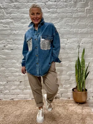 Bluefoundry Sequin Pockets Button Through Stressed Denim Shirt