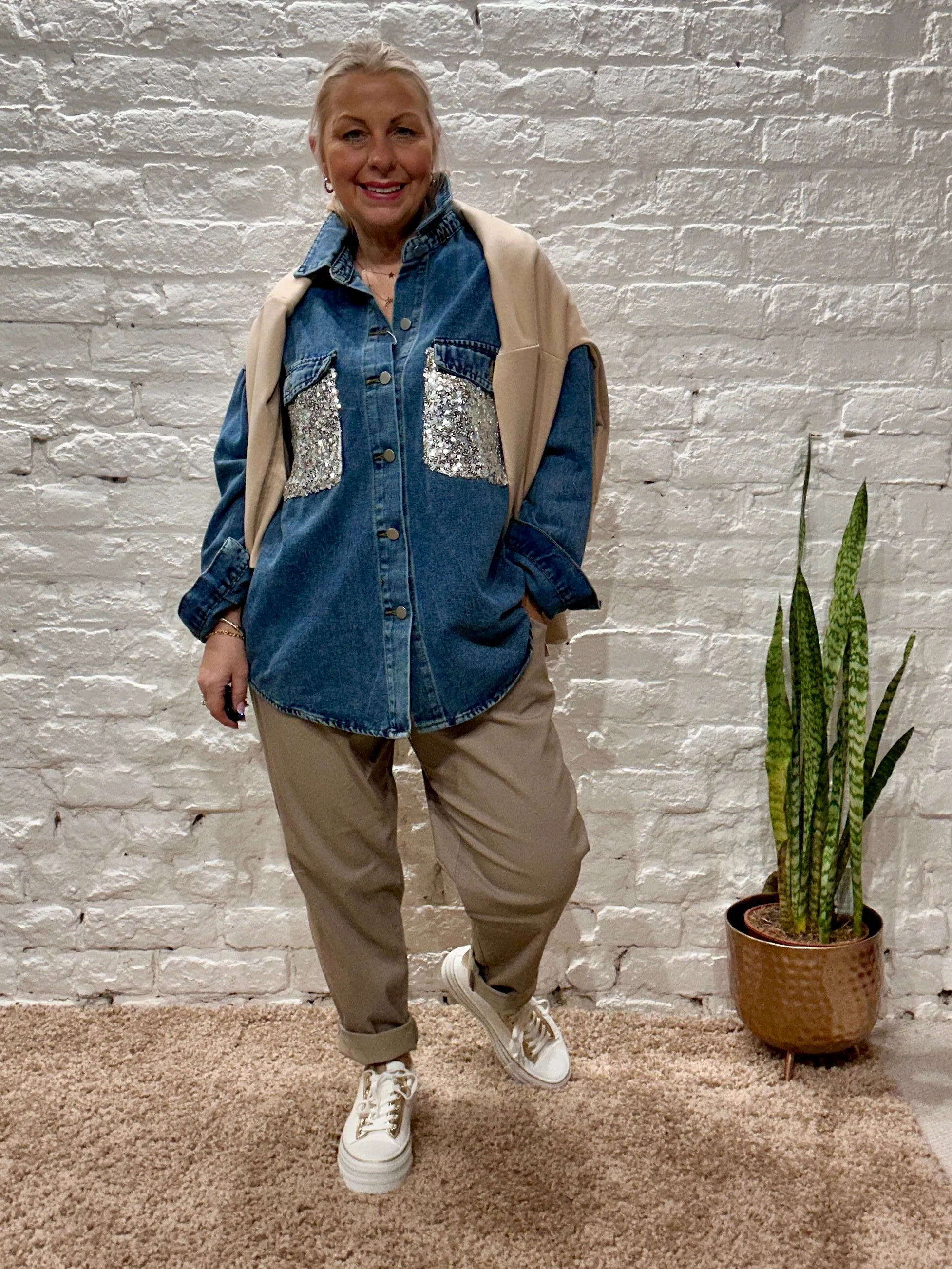 Bluefoundry Sequin Pockets Button Through Stressed Denim Shirt