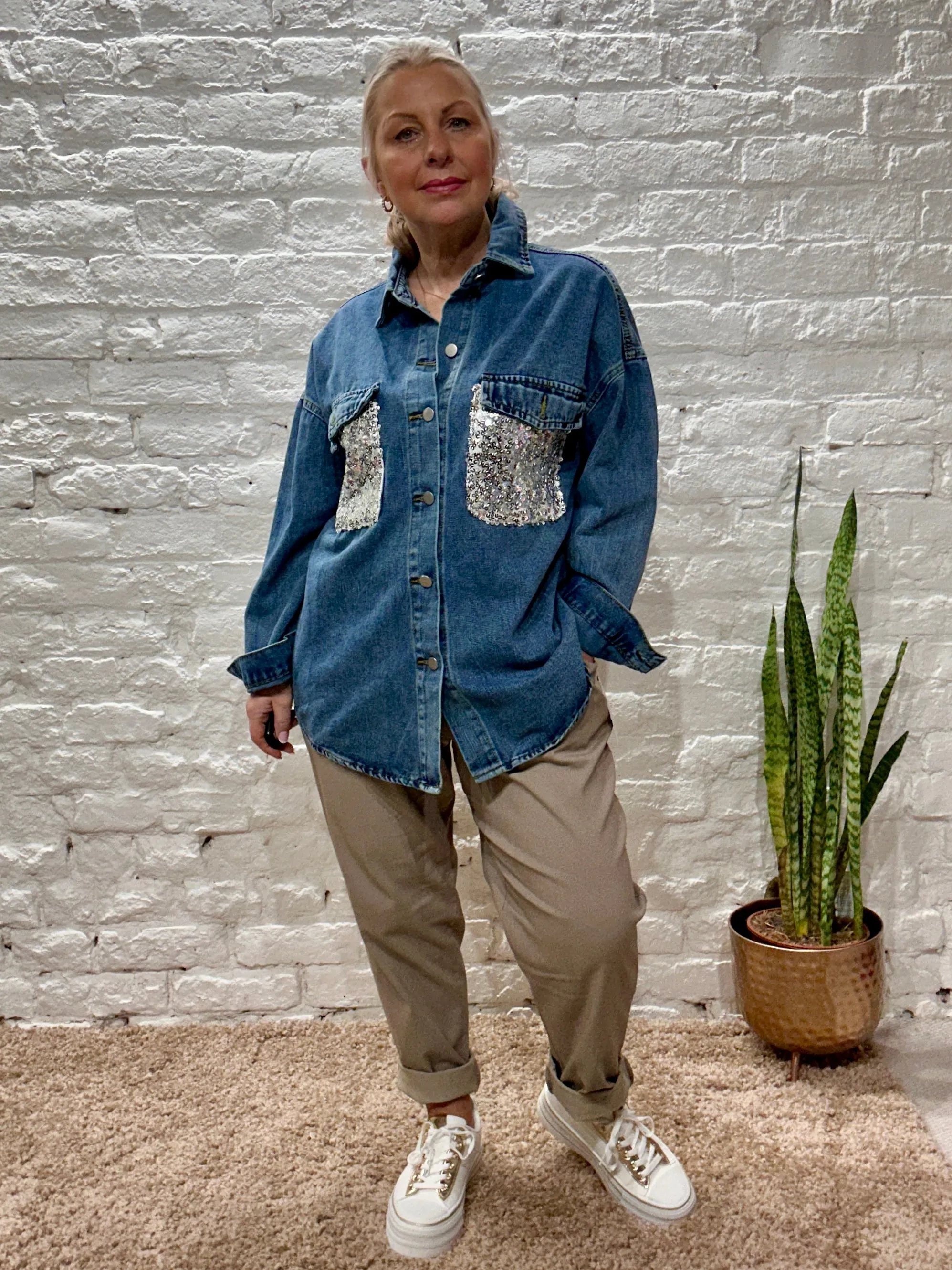 Bluefoundry Sequin Pockets Button Through Stressed Denim Shirt