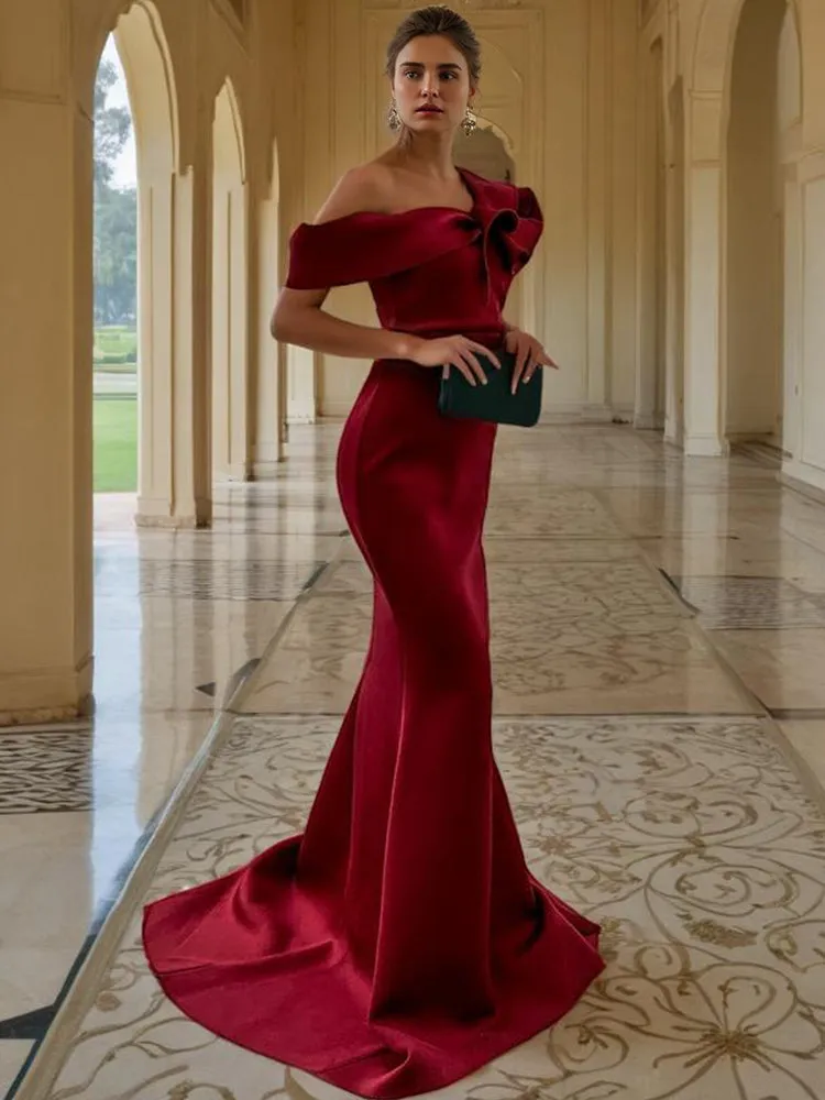 Burgundy Trumpet One Shoulder Satin Long Prom Dress