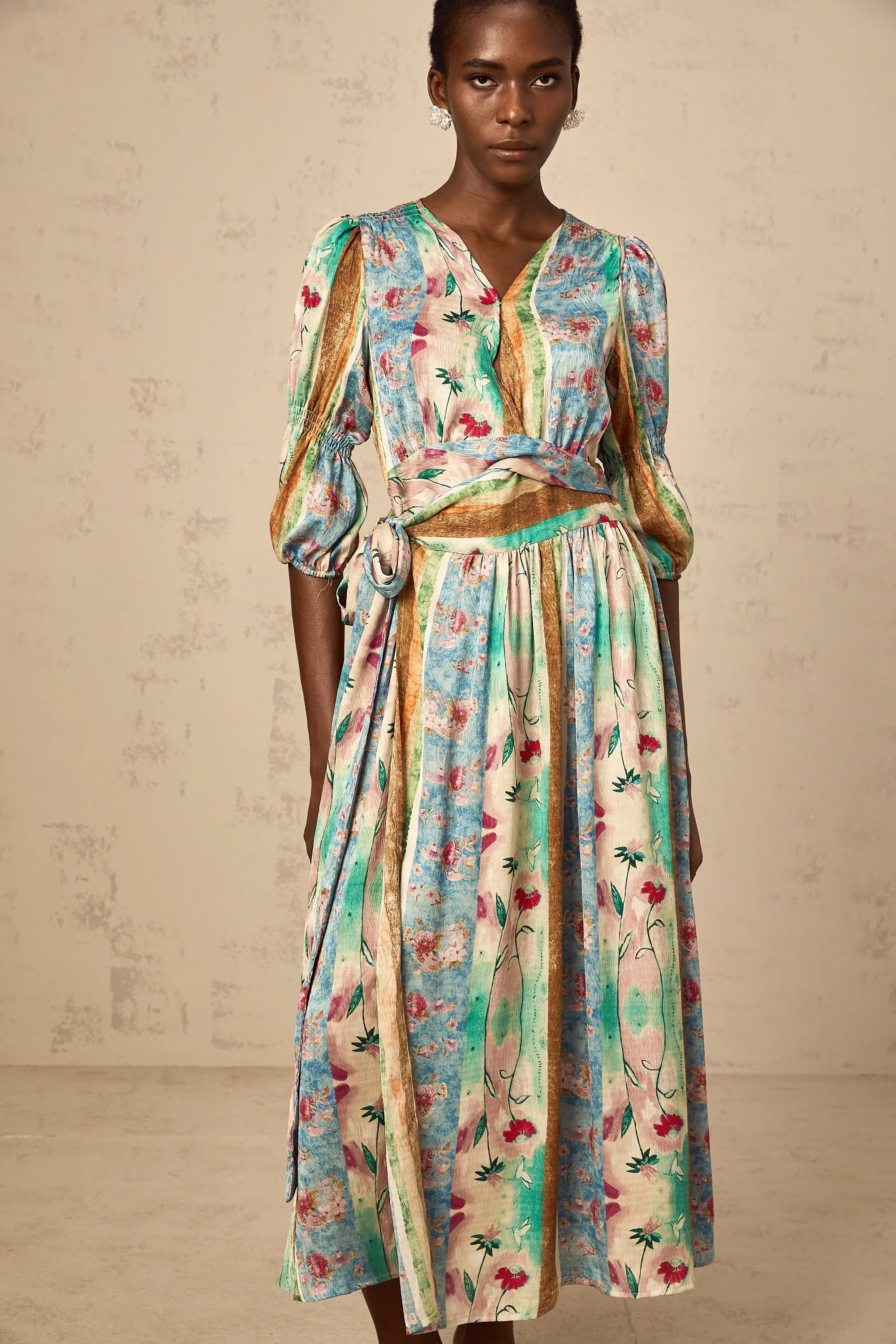 Cerise floral-print wrap midi dress