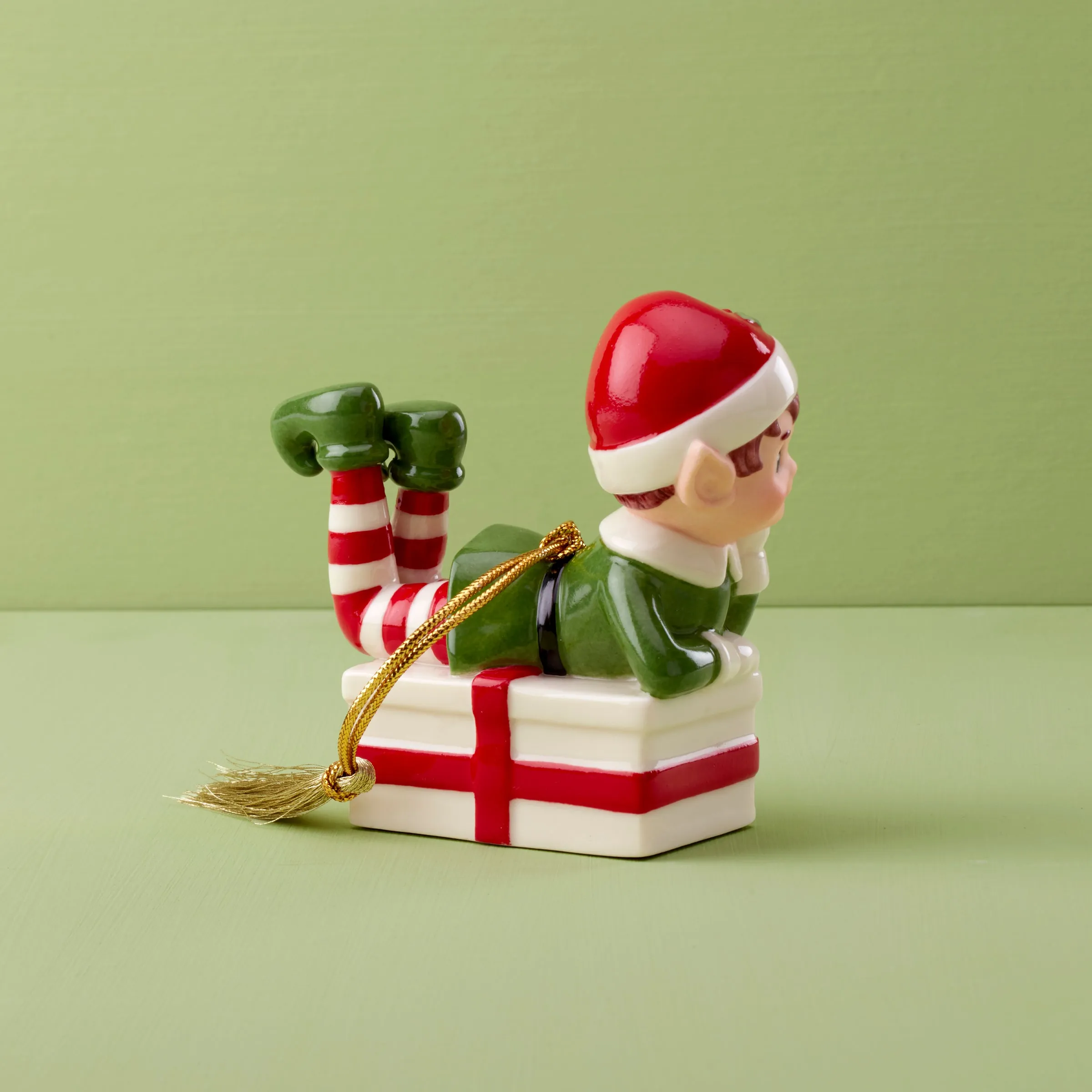 Christmas Elf Sitting On Present Ornament
