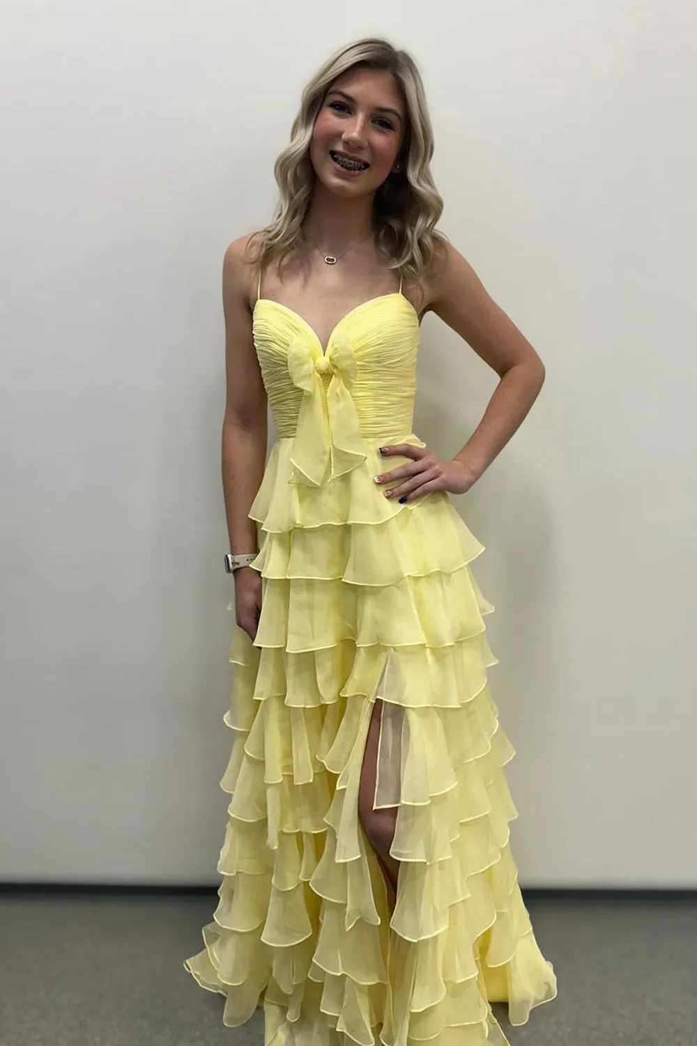 Cinizia | Chiffon Fuchsia Sweetheart Tiered Ruffles Prom Dress with Slit