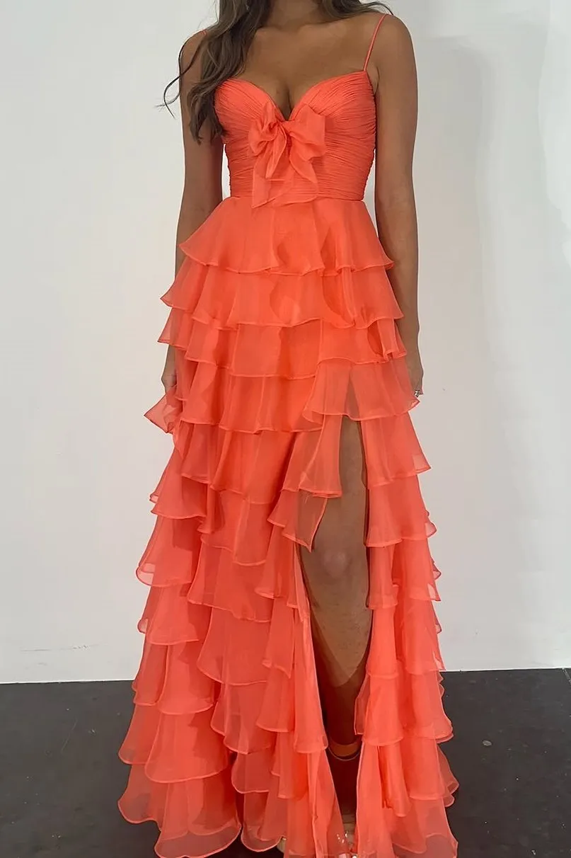 Cinizia | Chiffon Fuchsia Sweetheart Tiered Ruffles Prom Dress with Slit