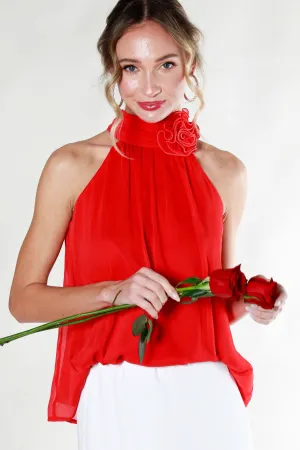 Corsage Detail Tie Halter Top