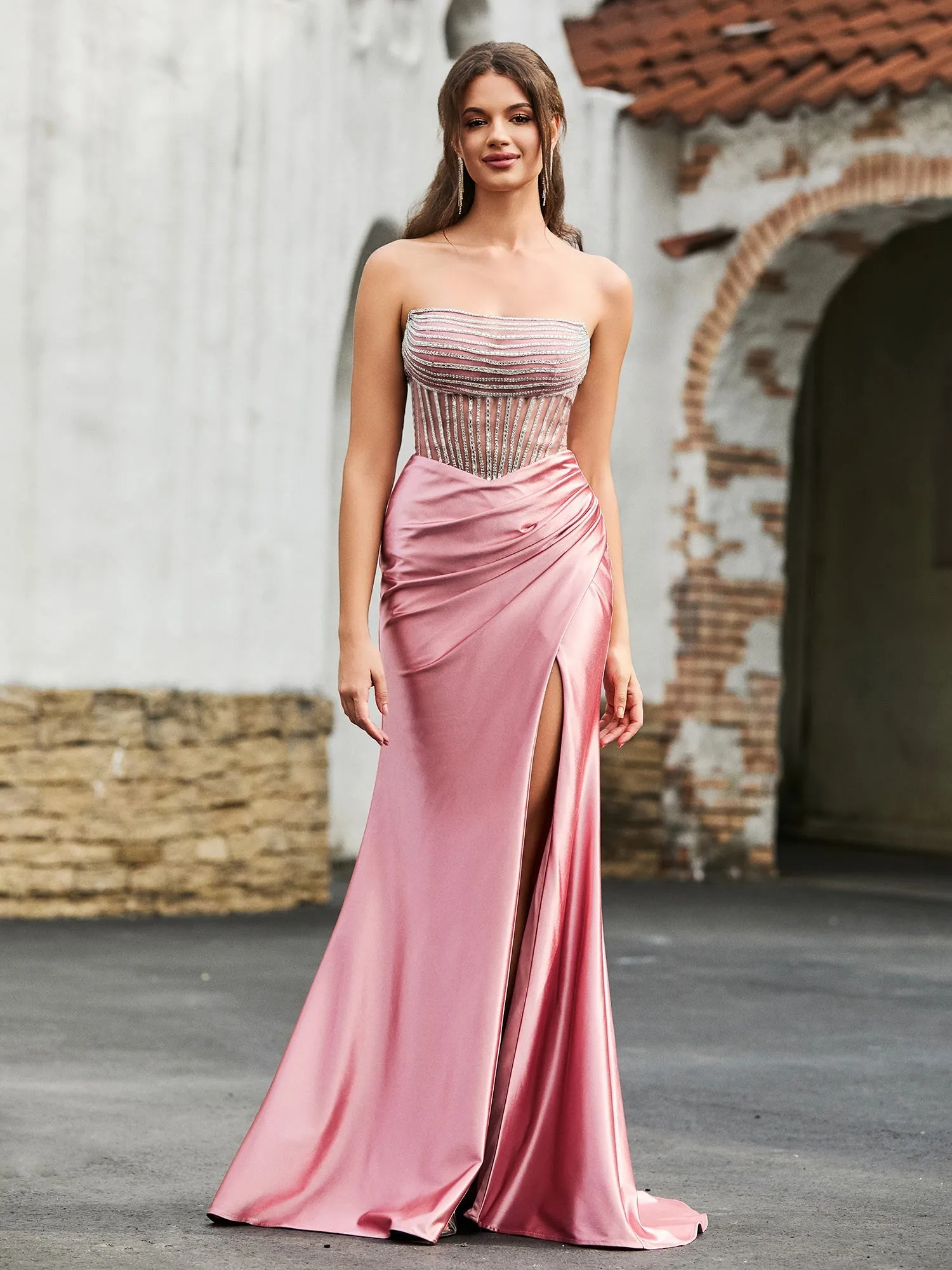 Diamond Corset Satin Maxi Dress Fuchsia