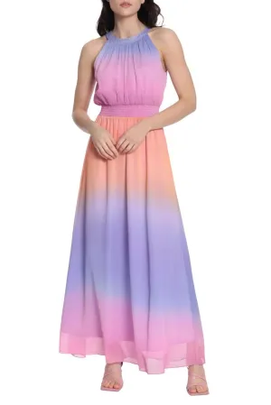 Donna Morgan Halter Neck Sleeveless Back Zipper Long Chiffon Dress