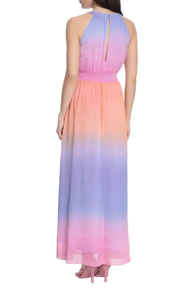 Donna Morgan Halter Neck Sleeveless Back Zipper Long Chiffon Dress