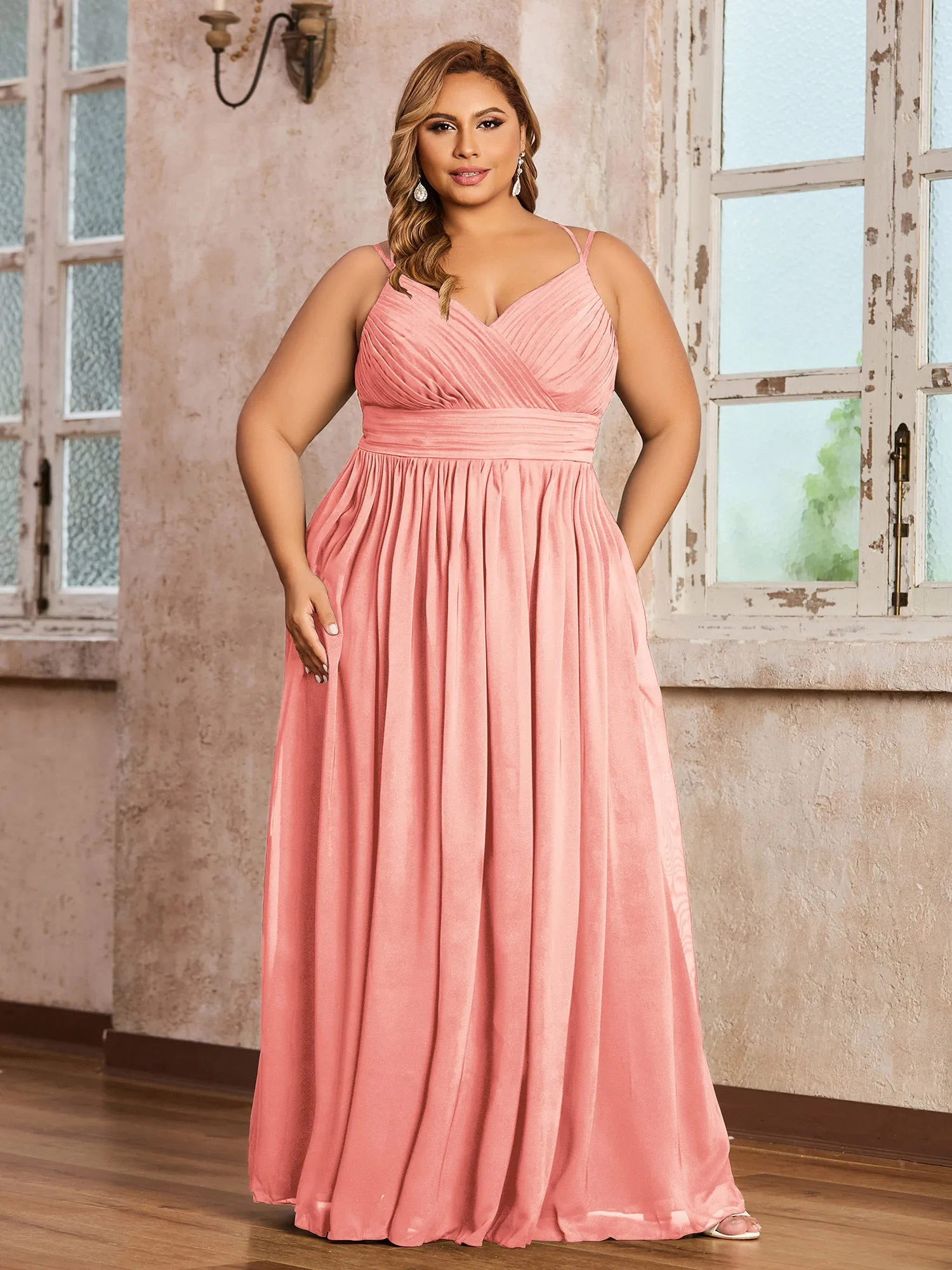 Double Straps Chiffon Dresses with Sweetheart Coral Plus Size