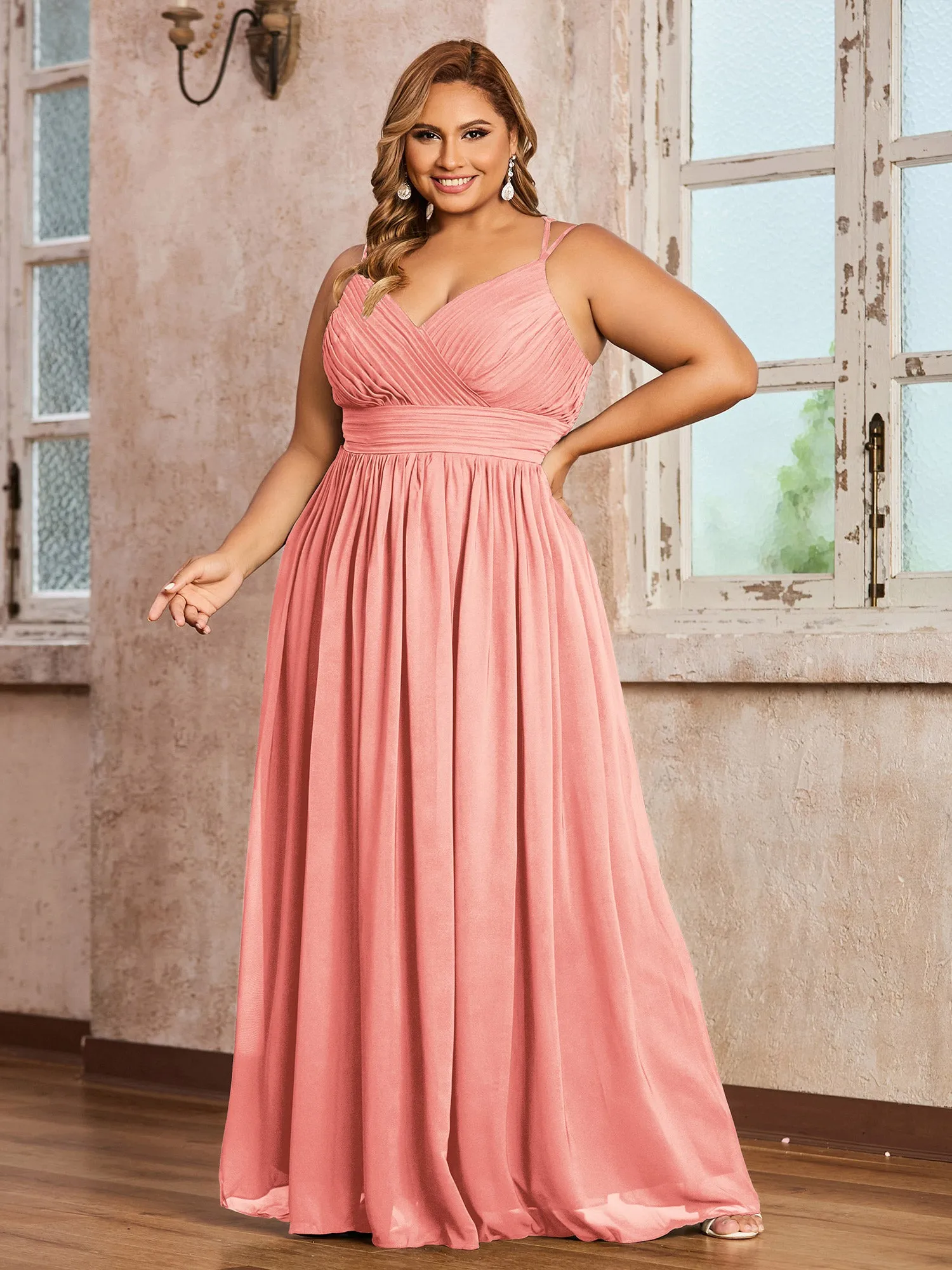 Double Straps Chiffon Dresses with Sweetheart Coral Plus Size