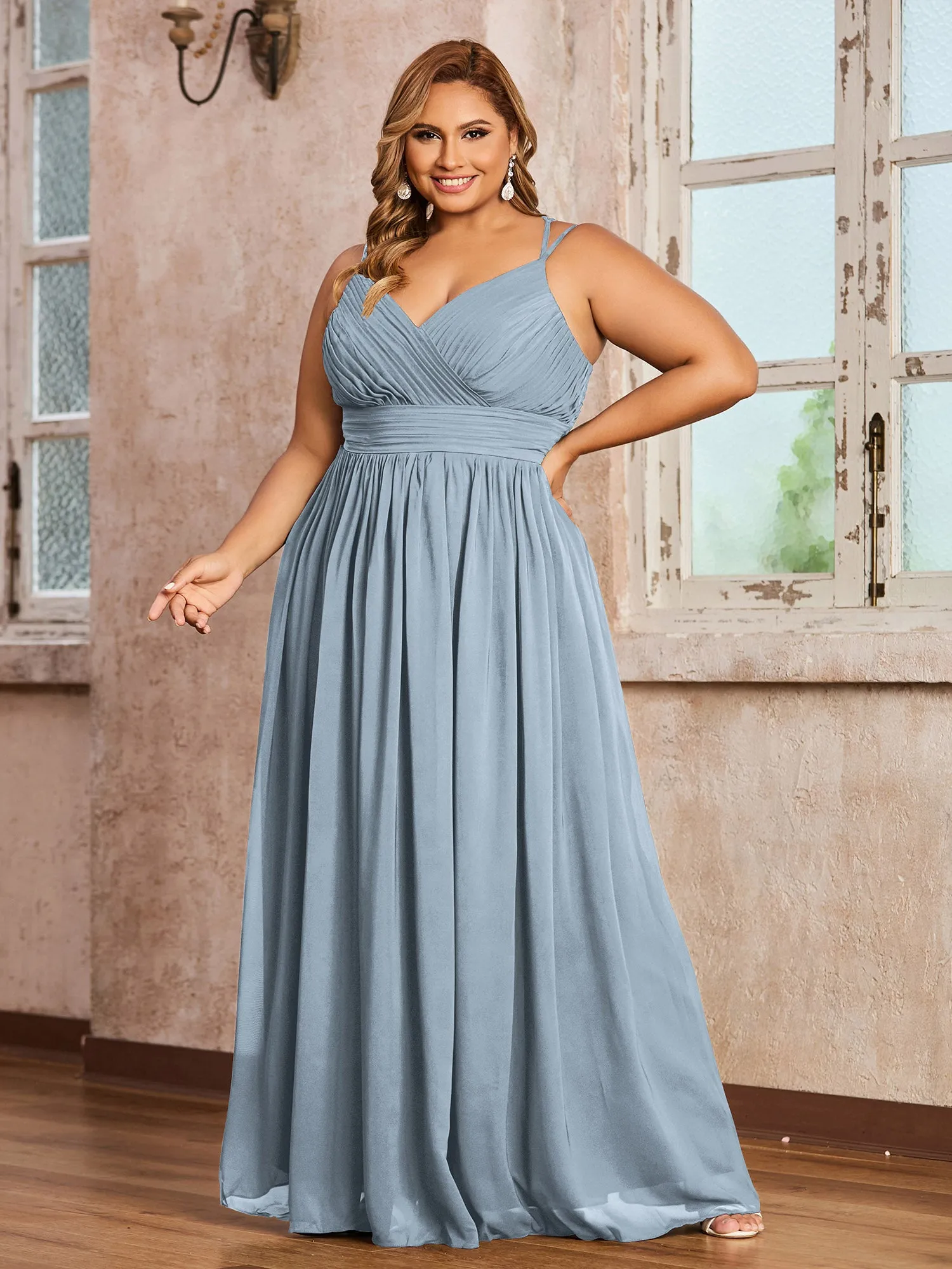 Double Straps Chiffon Dresses with Sweetheart Dusty Blue Plus Size