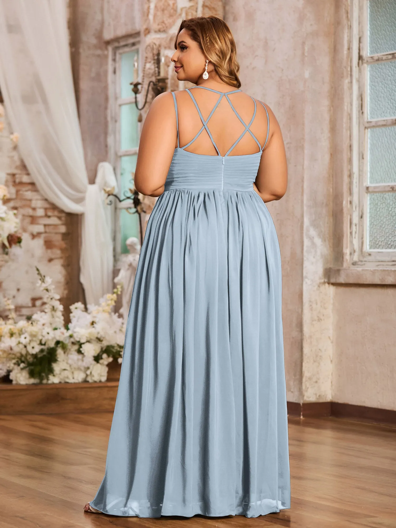 Double Straps Chiffon Dresses with Sweetheart Dusty Blue Plus Size