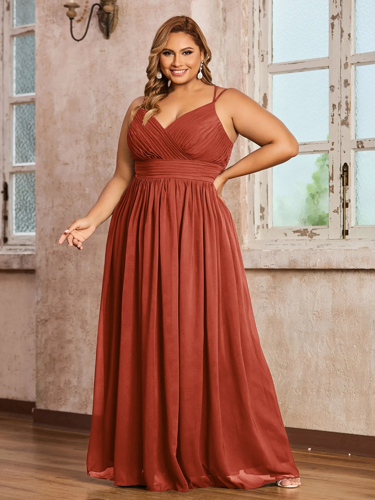 Double Straps Chiffon Dresses with Sweetheart Rust Plus Size