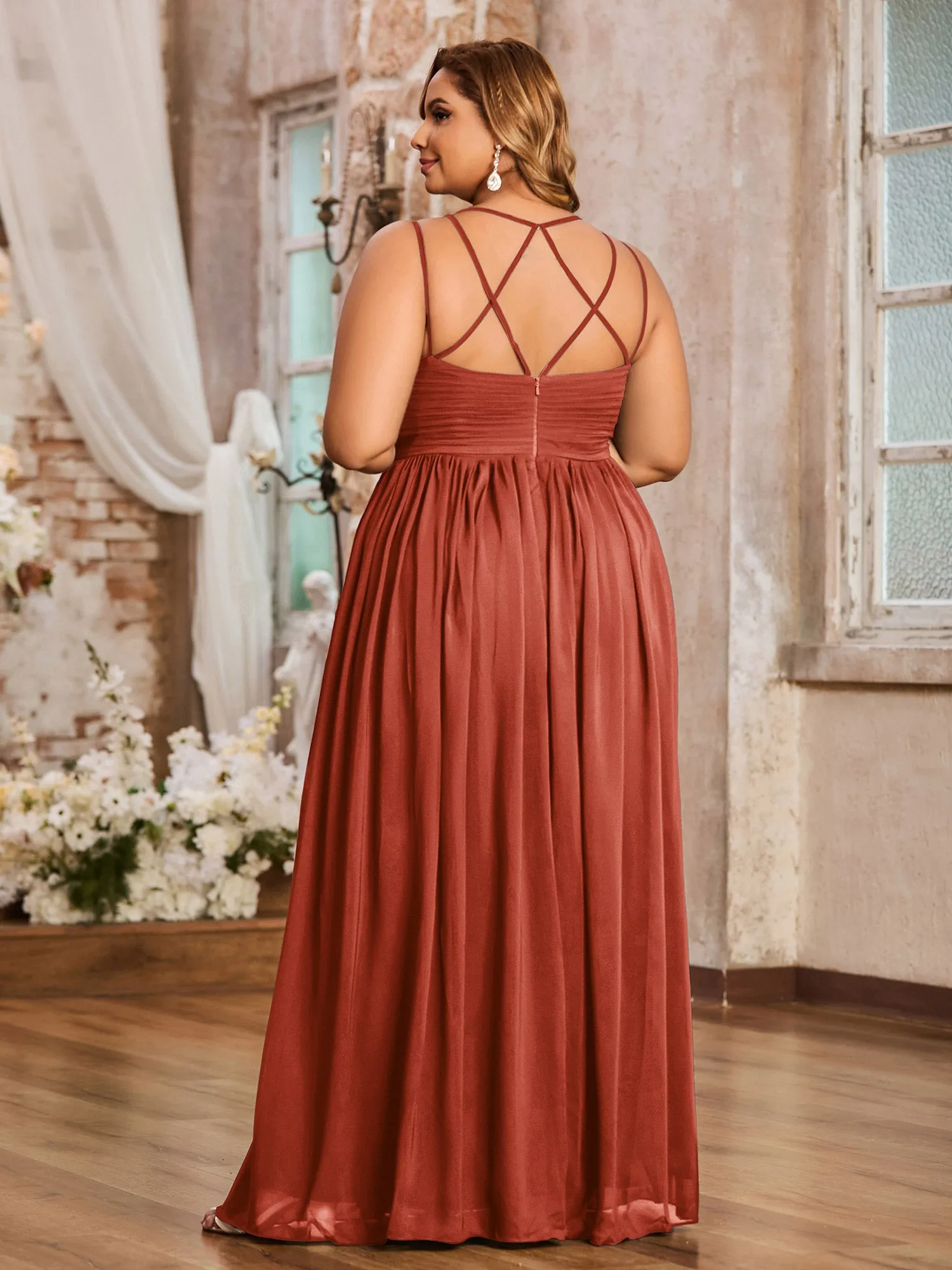 Double Straps Chiffon Dresses with Sweetheart Rust Plus Size