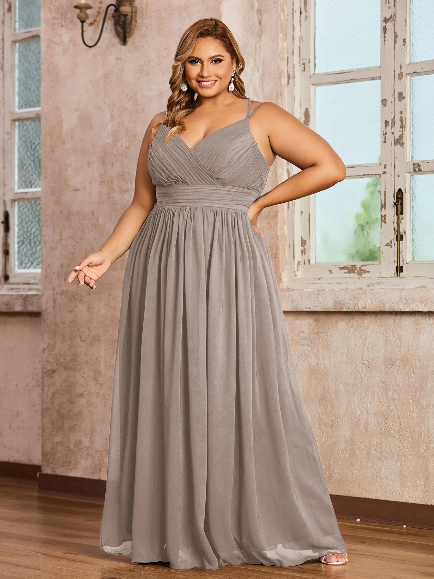 Double Straps Chiffon Dresses with Sweetheart Taupe Plus Size