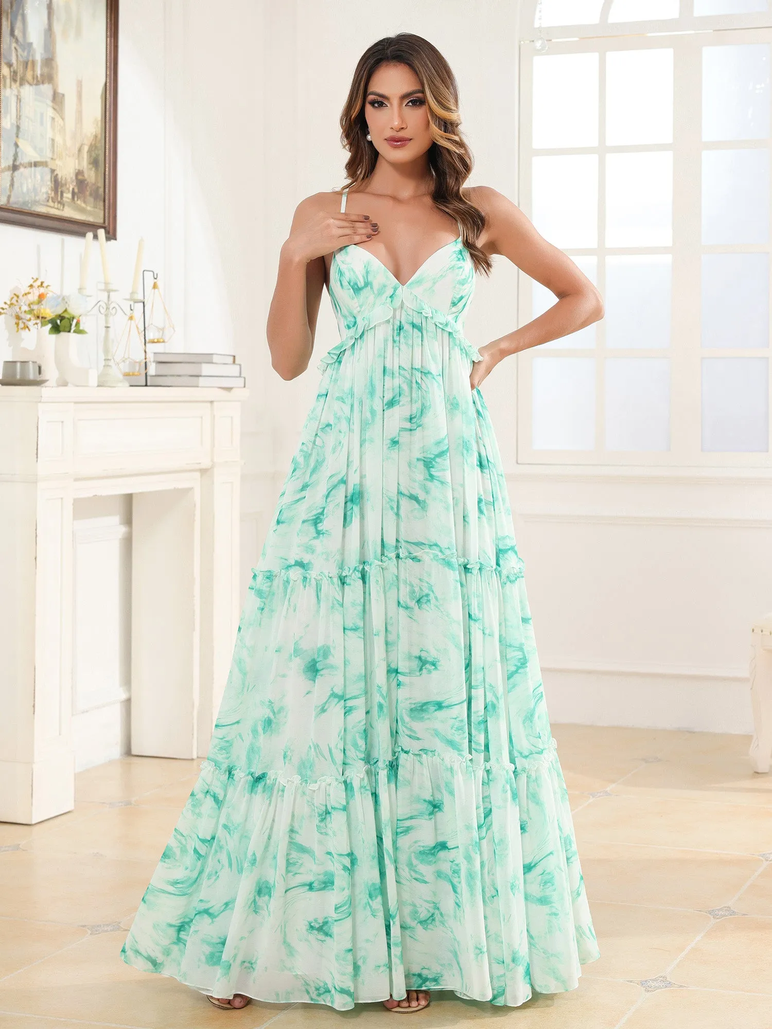 Empire Chiffon Tiered Skirt Max Bohemian Dresses Mint Marble
