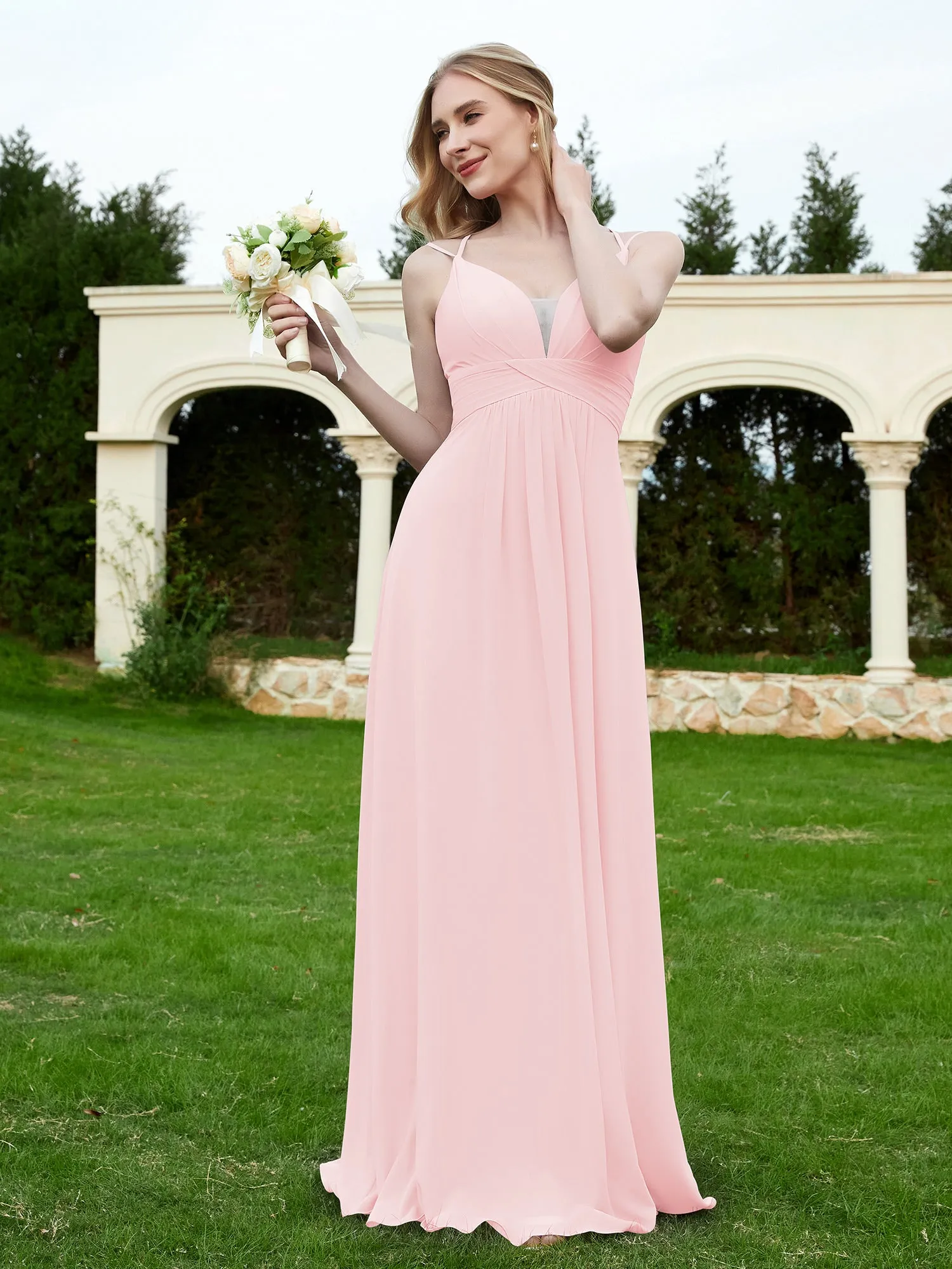 Floor Length V Neck Chiffon Bridesmaid Gown Blushing Pink Plus Size