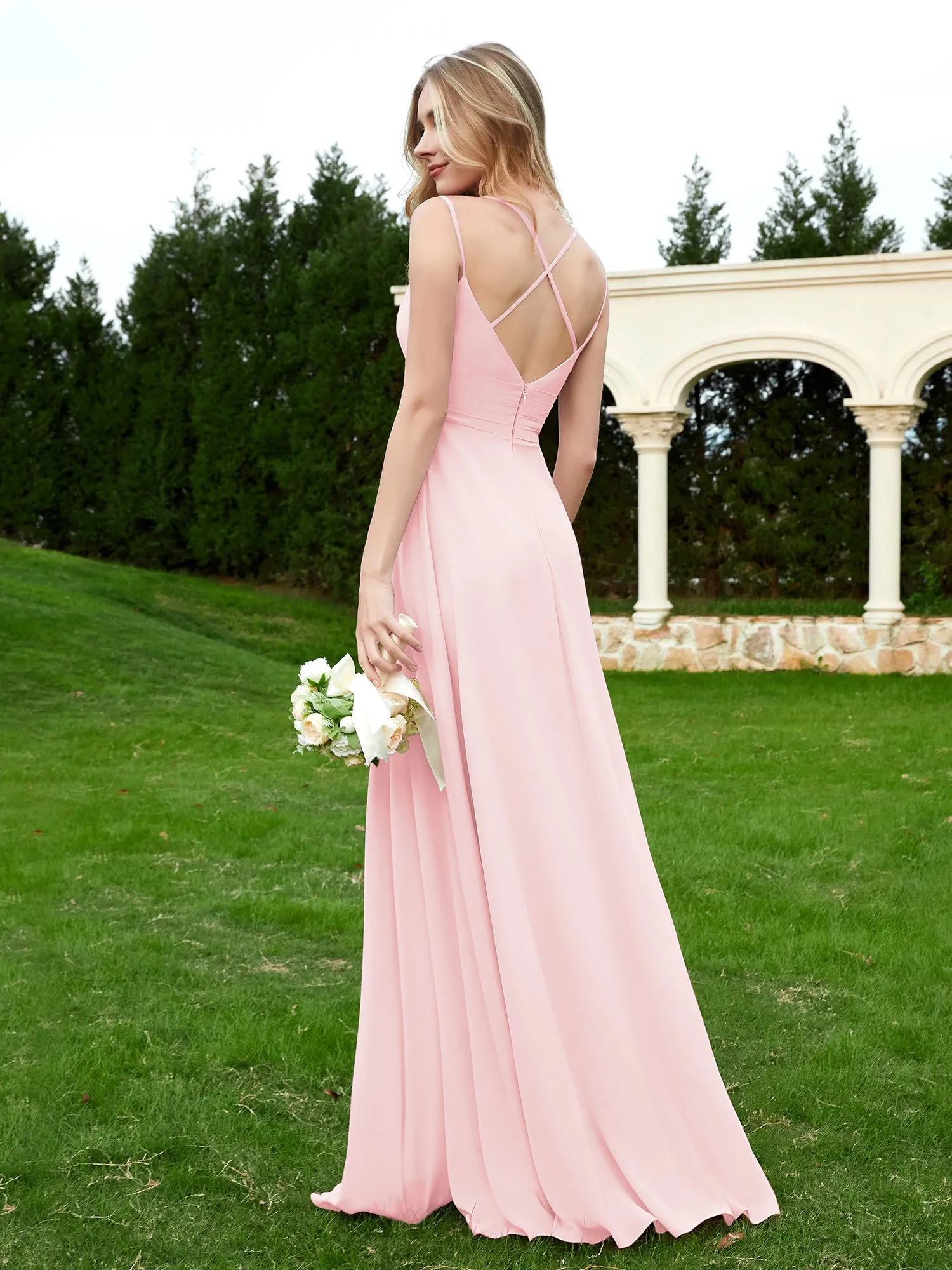 Floor Length V Neck Chiffon Bridesmaid Gown Blushing Pink Plus Size