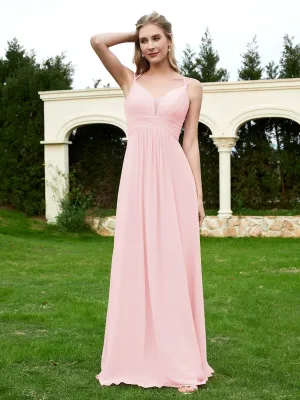 Floor Length V Neck Chiffon Bridesmaid Gown Blushing Pink Plus Size