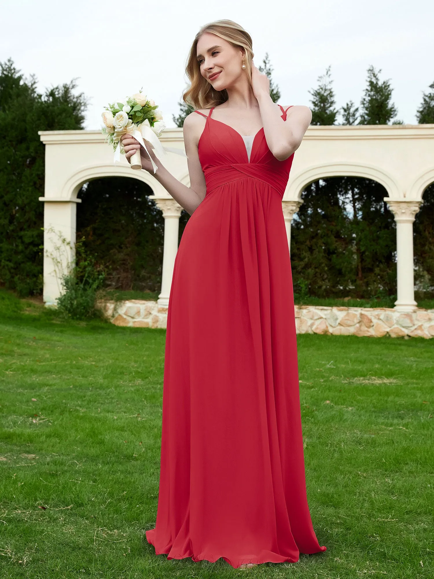 Floor Length V Neck Chiffon Bridesmaid Gown Burgundy