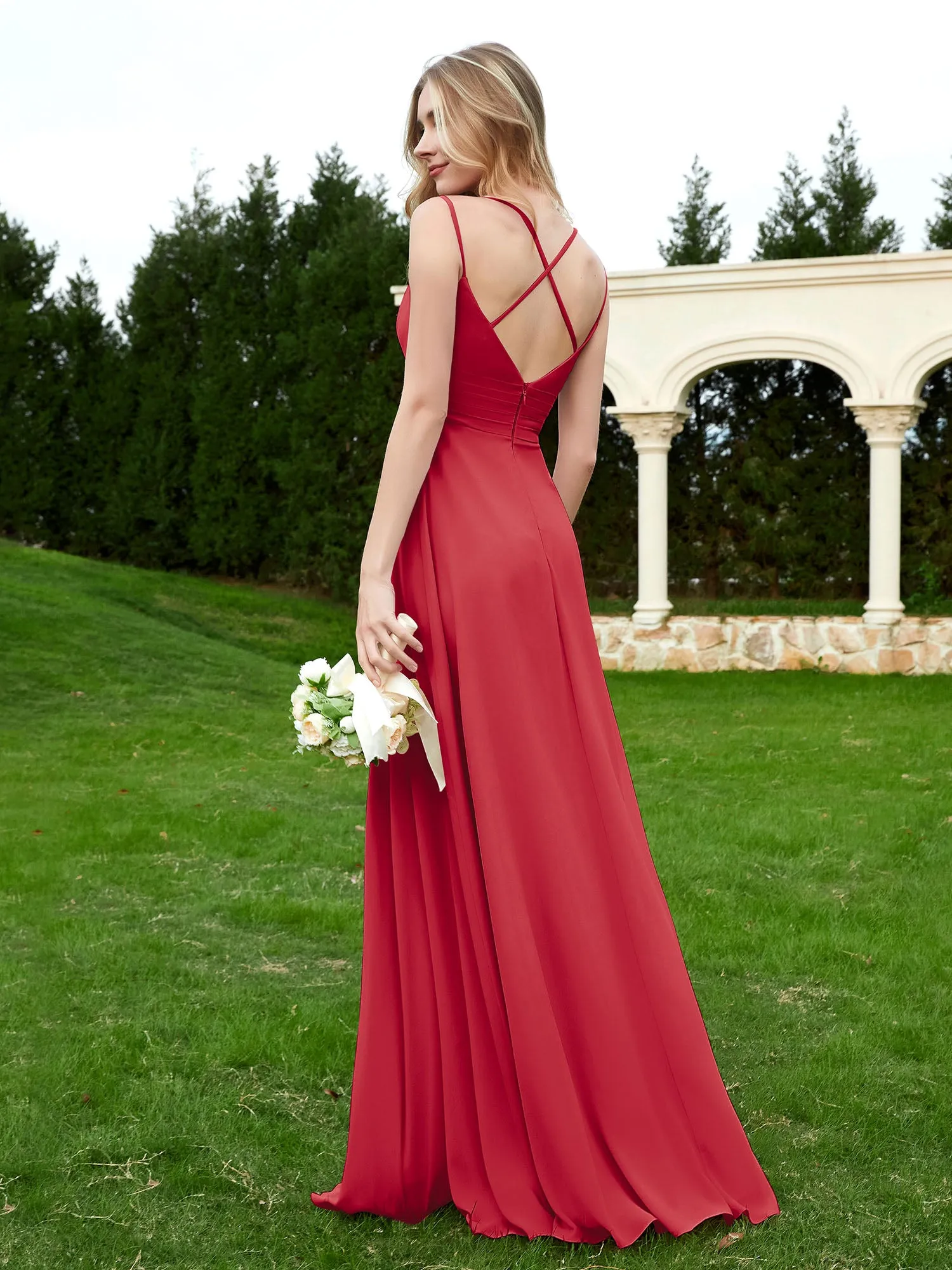 Floor Length V Neck Chiffon Bridesmaid Gown Burgundy