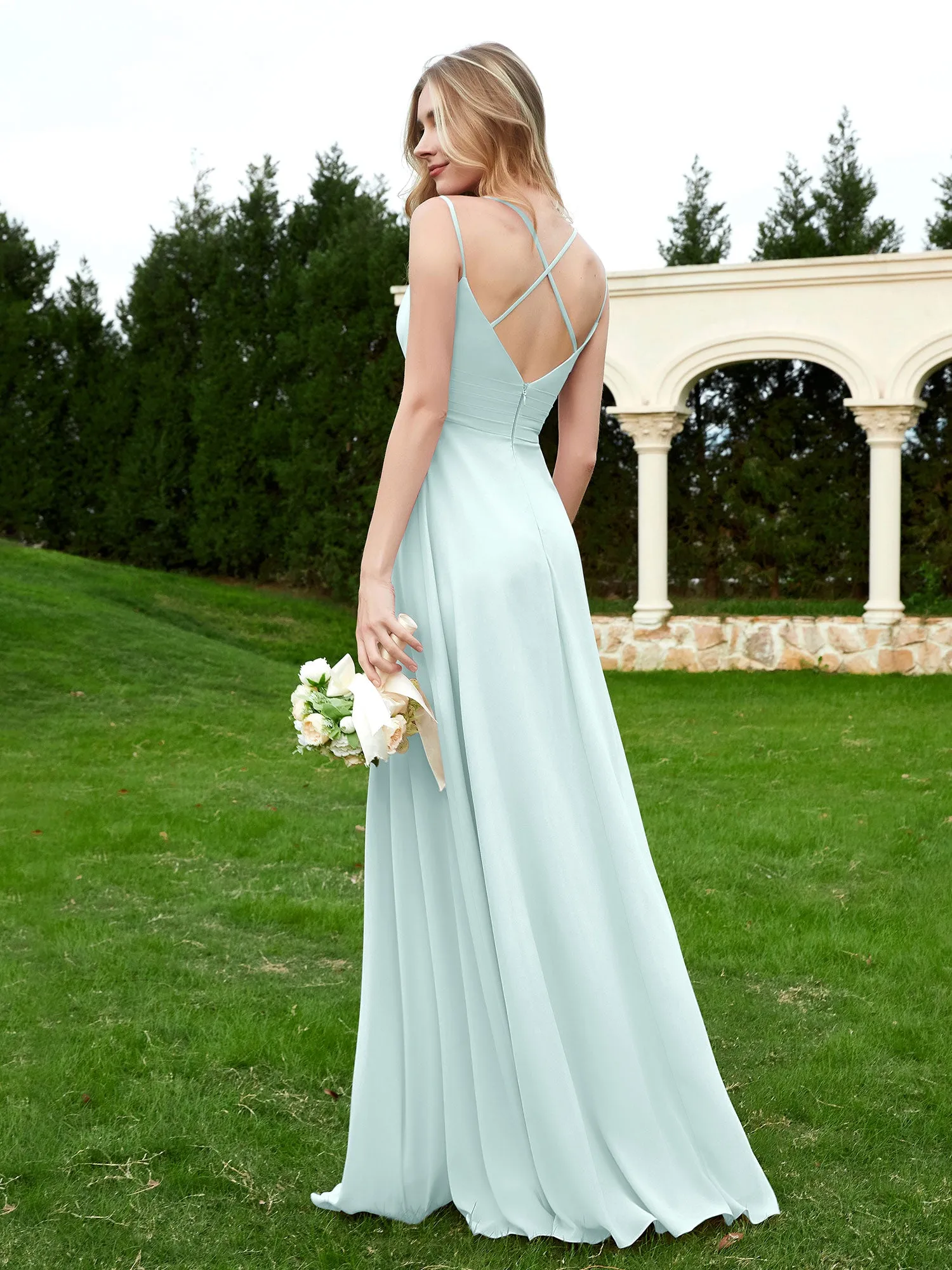 Floor Length V Neck Chiffon Bridesmaid Gown Mist