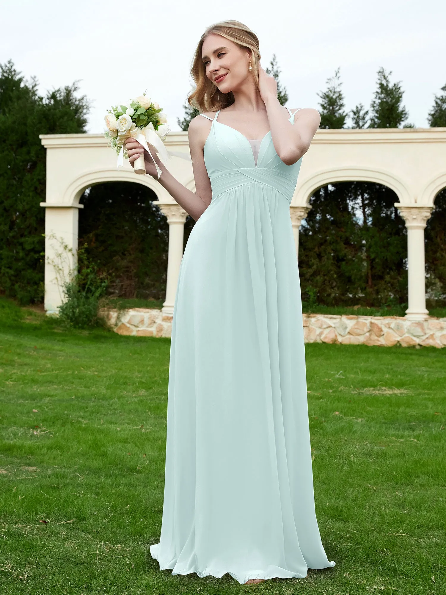 Floor Length V Neck Chiffon Bridesmaid Gown Mist