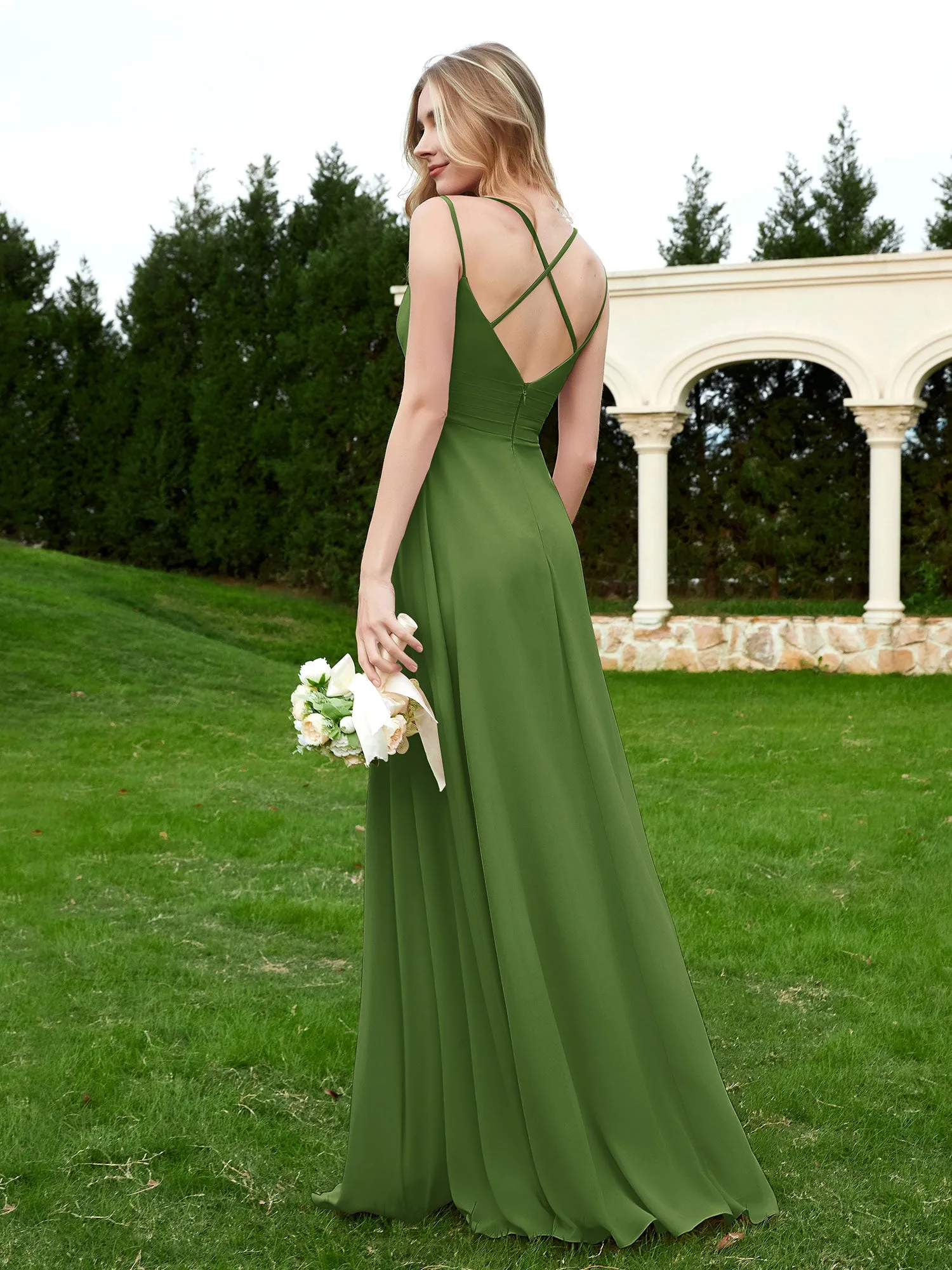 Floor Length V Neck Chiffon Bridesmaid Gown Moss