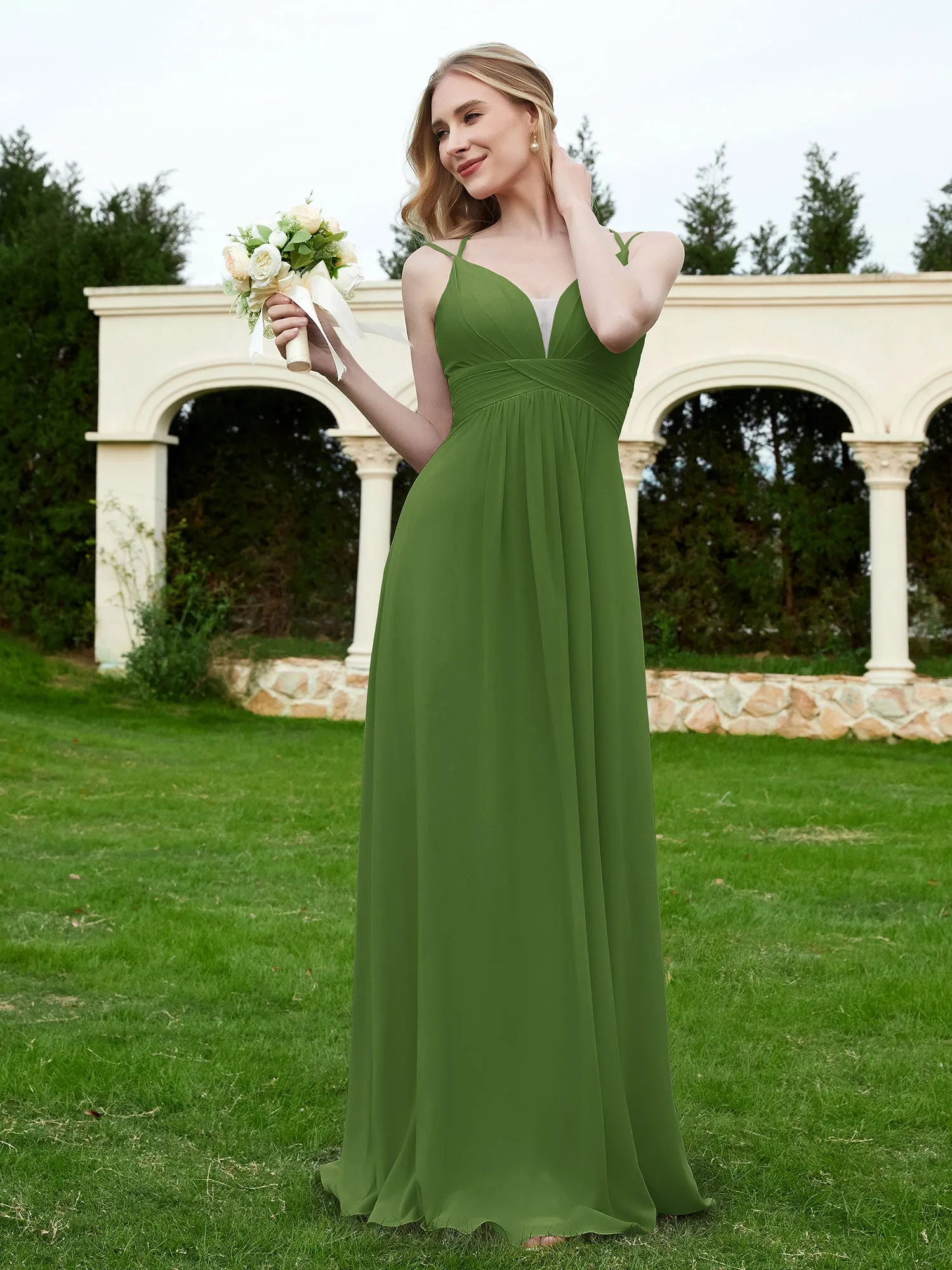 Floor Length V Neck Chiffon Bridesmaid Gown Moss