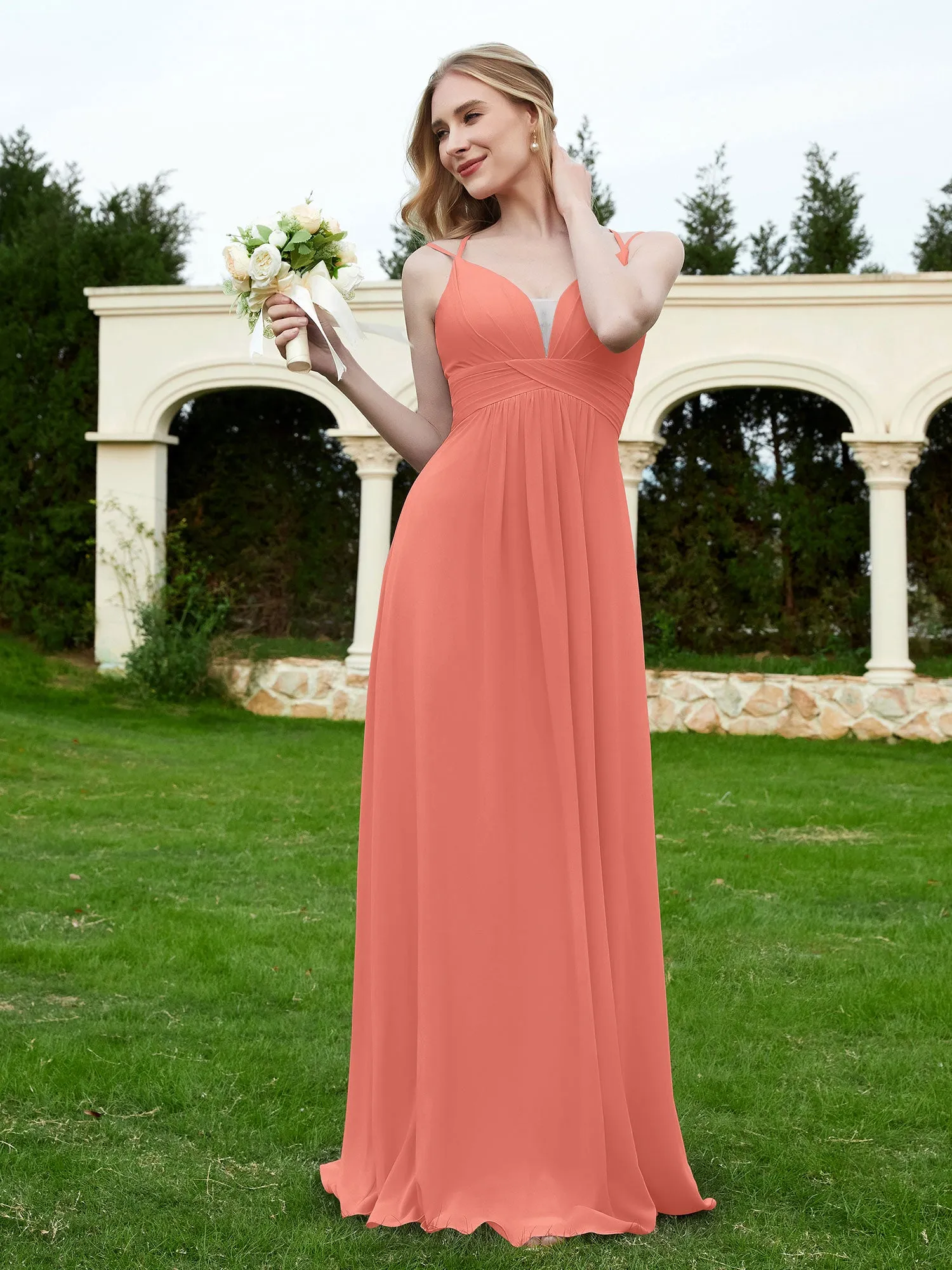 Floor Length V Neck Chiffon Bridesmaid Gown Sunset