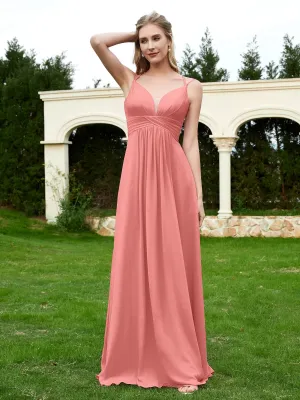 Floor Length V Neck Chiffon Bridesmaid Gown Sunset