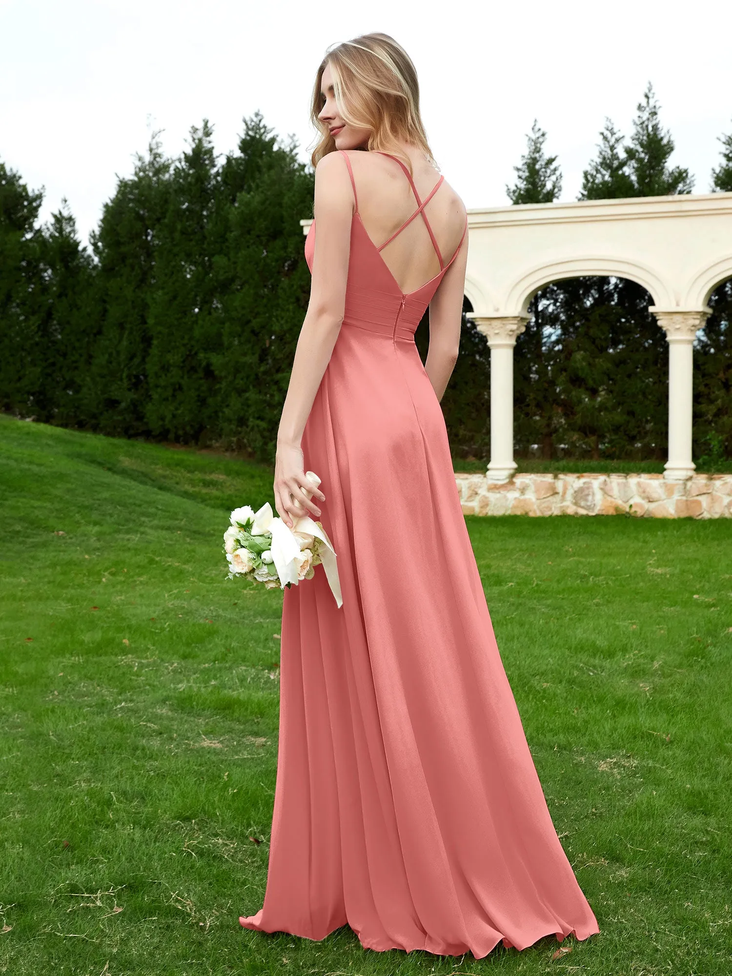 Floor Length V Neck Chiffon Bridesmaid Gown Sunset