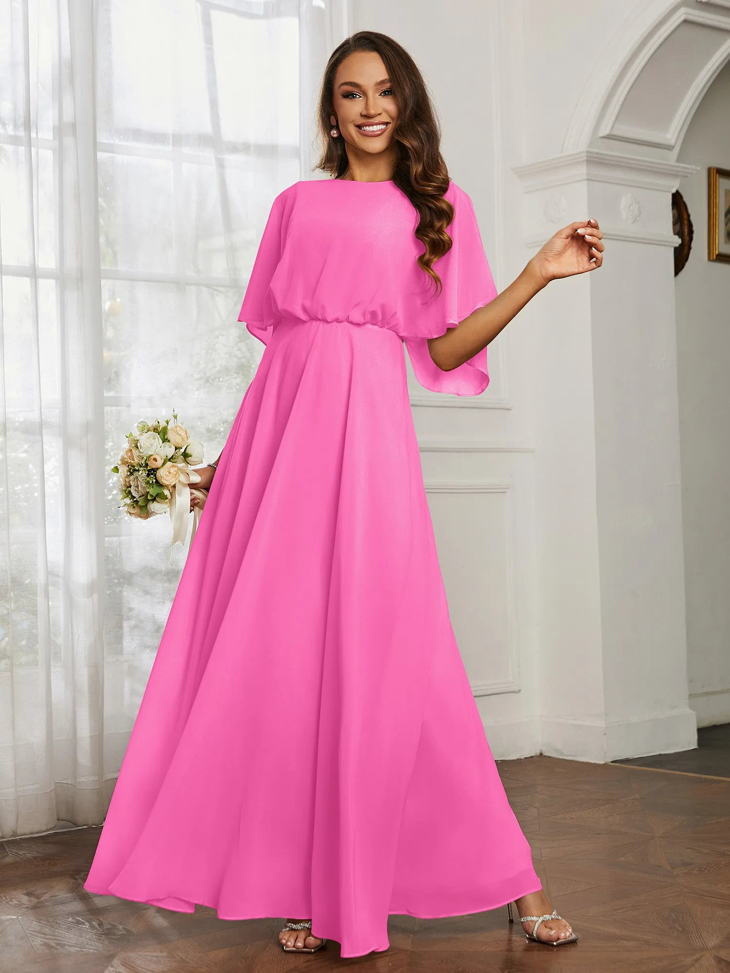 Flutter Sleeves Long Chiffon Bridesmaid Dresses-Azalea Plus Size