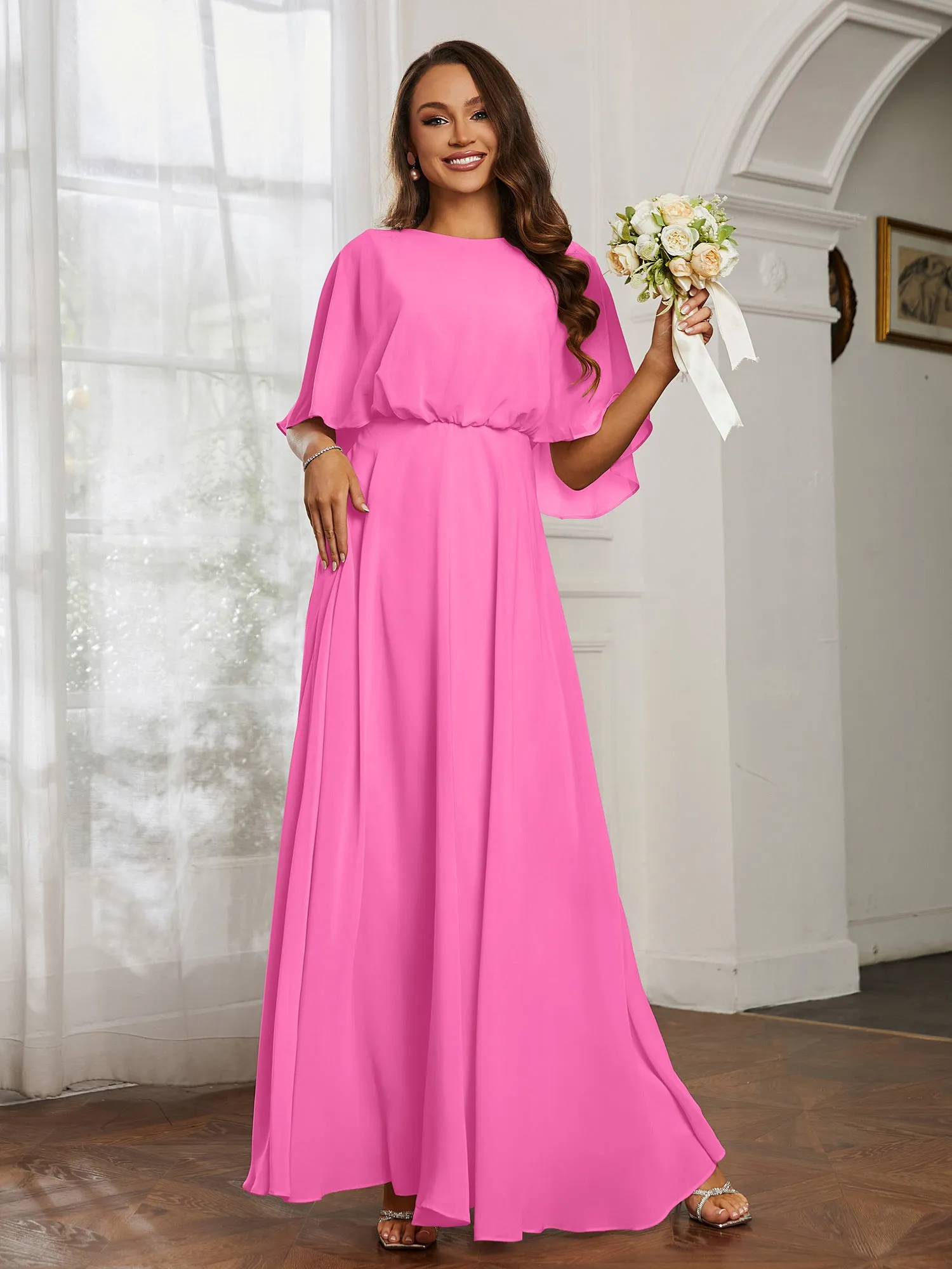 Flutter Sleeves Long Chiffon Bridesmaid Dresses-Azalea Plus Size