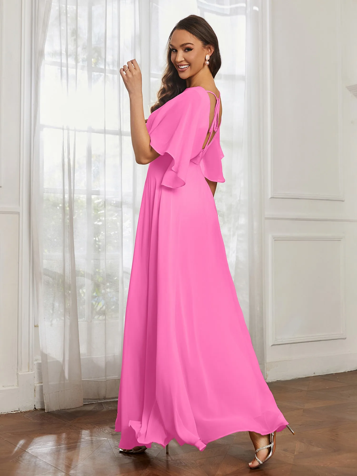 Flutter Sleeves Long Chiffon Bridesmaid Dresses-Azalea Plus Size
