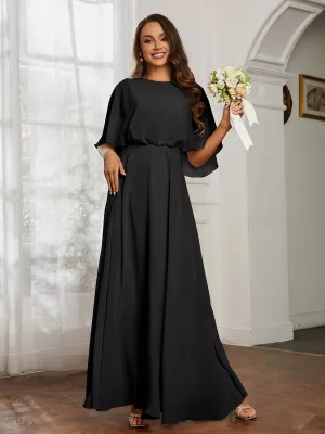 Flutter Sleeves Long Chiffon Bridesmaid Dresses-Black