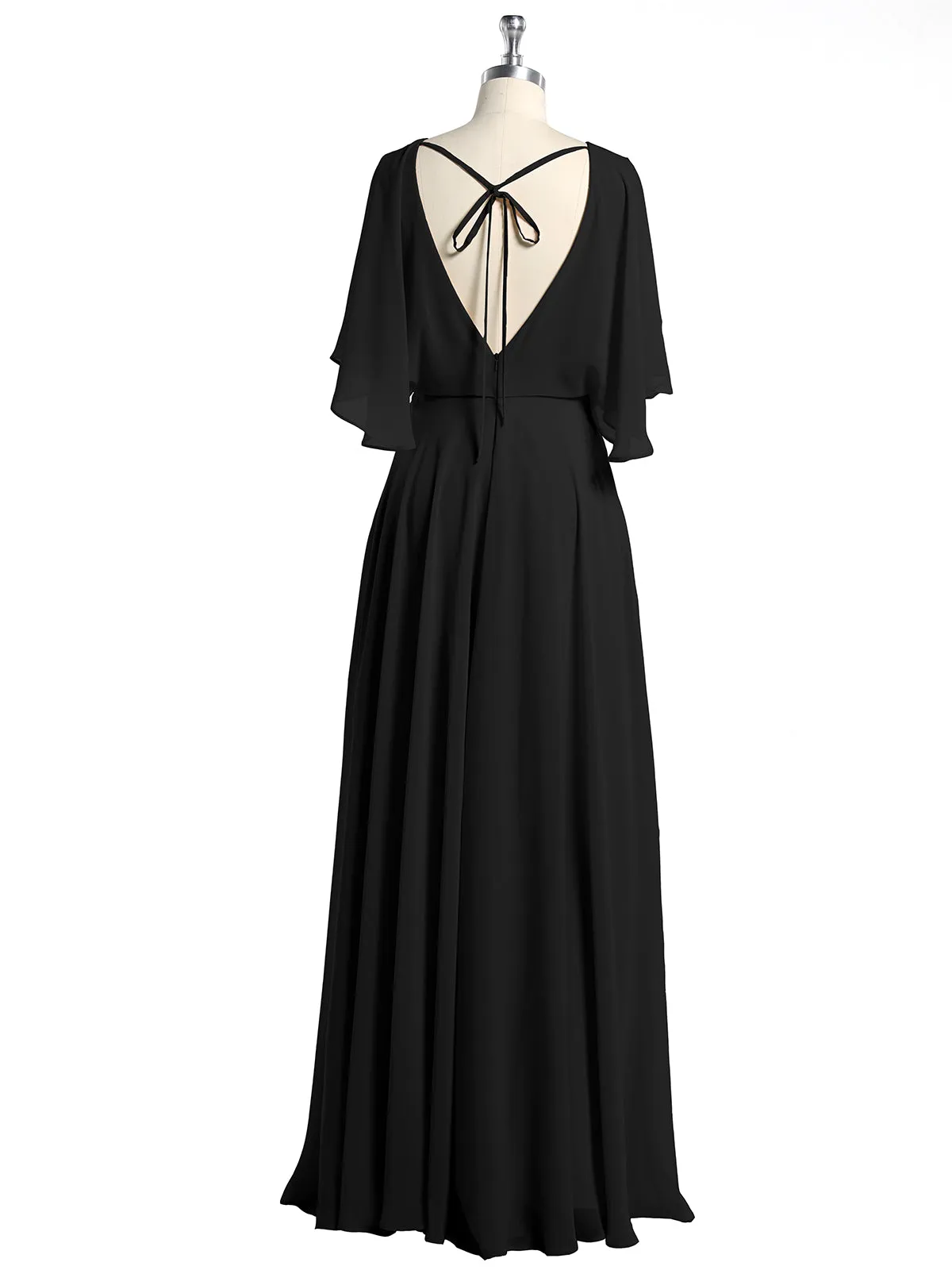 Flutter Sleeves Long Chiffon Bridesmaid Dresses-Black