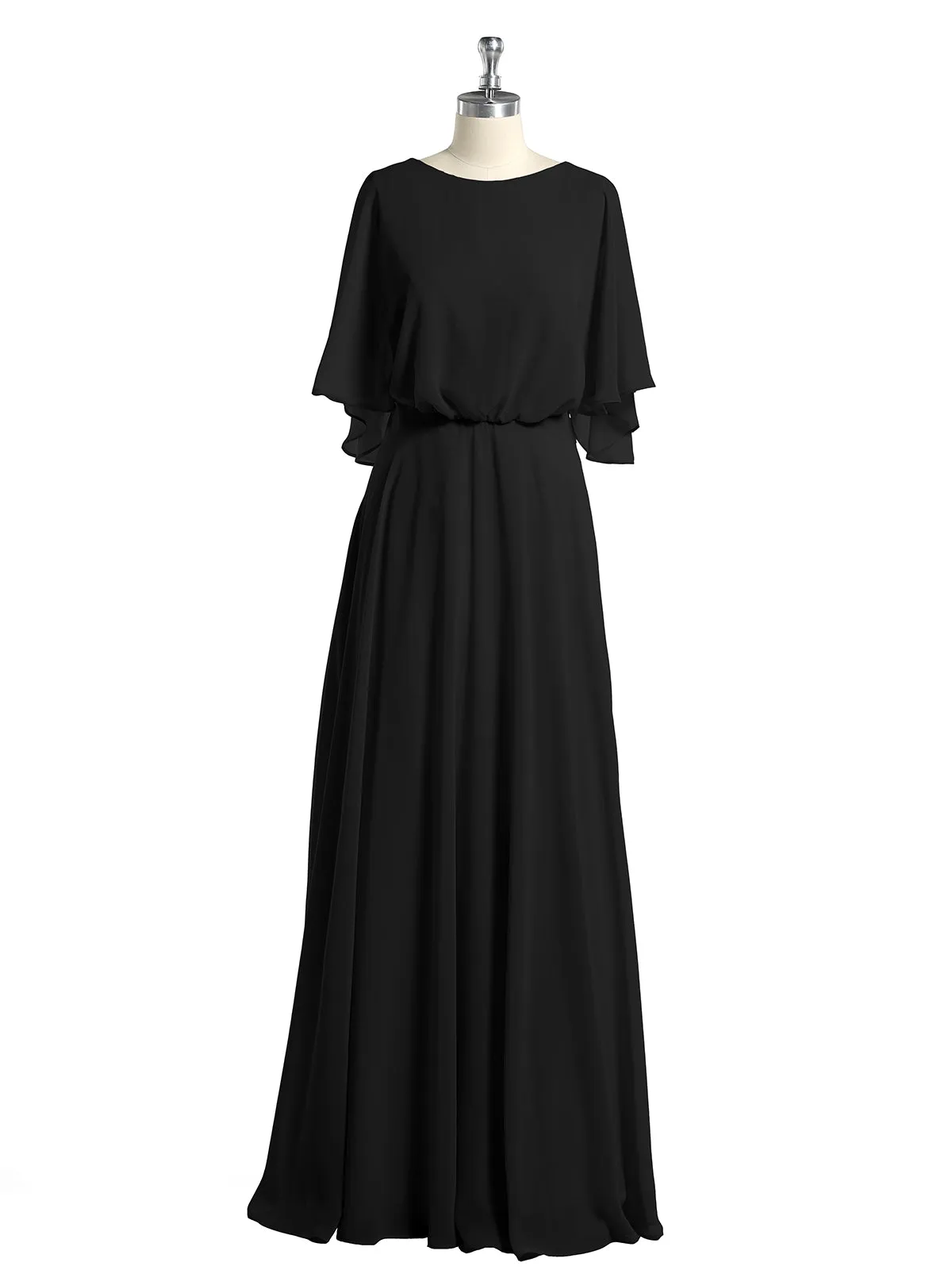 Flutter Sleeves Long Chiffon Bridesmaid Dresses-Black