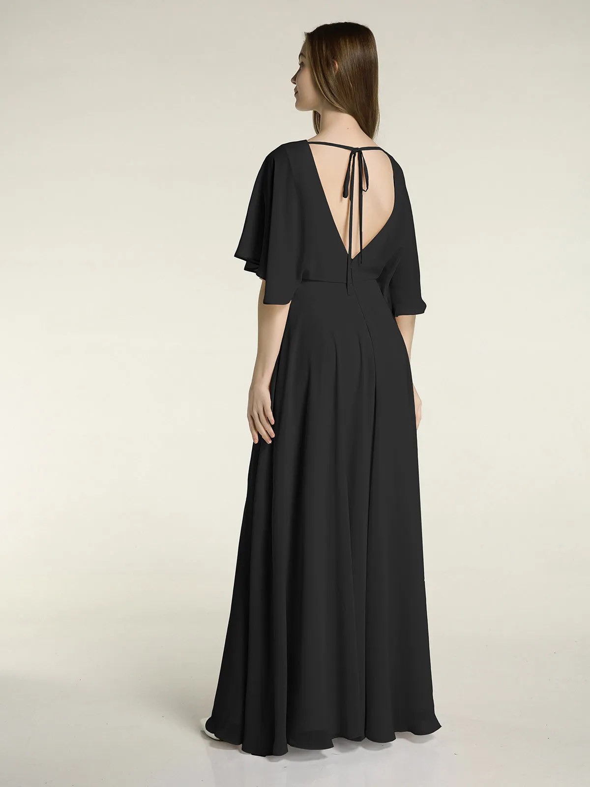 Flutter Sleeves Long Chiffon Bridesmaid Dresses-Black