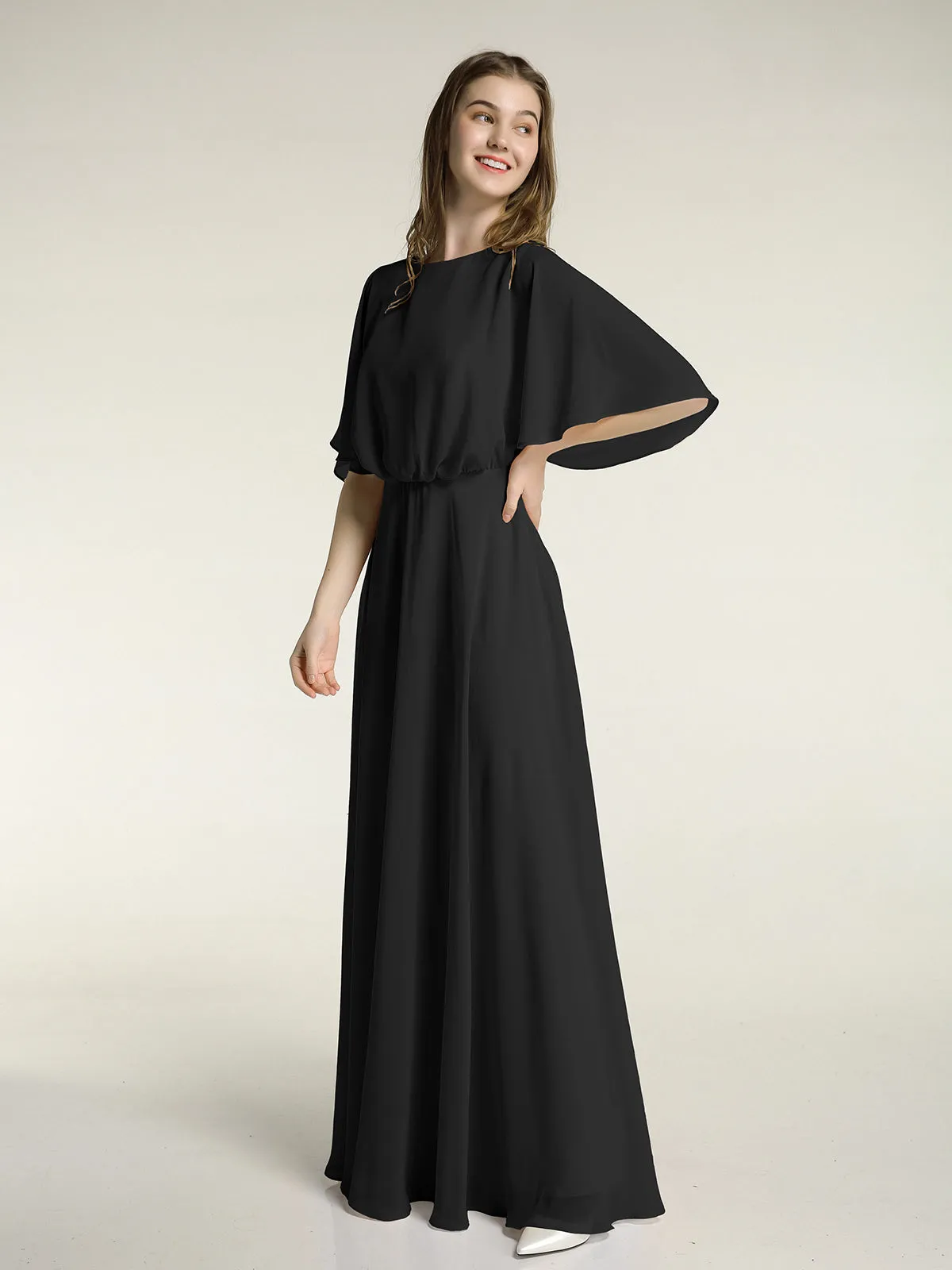 Flutter Sleeves Long Chiffon Bridesmaid Dresses-Black