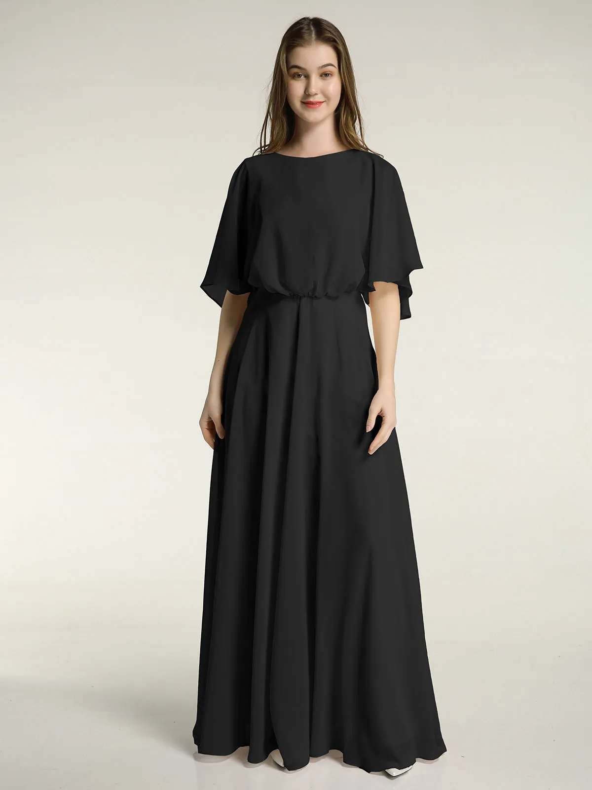 Flutter Sleeves Long Chiffon Bridesmaid Dresses-Black