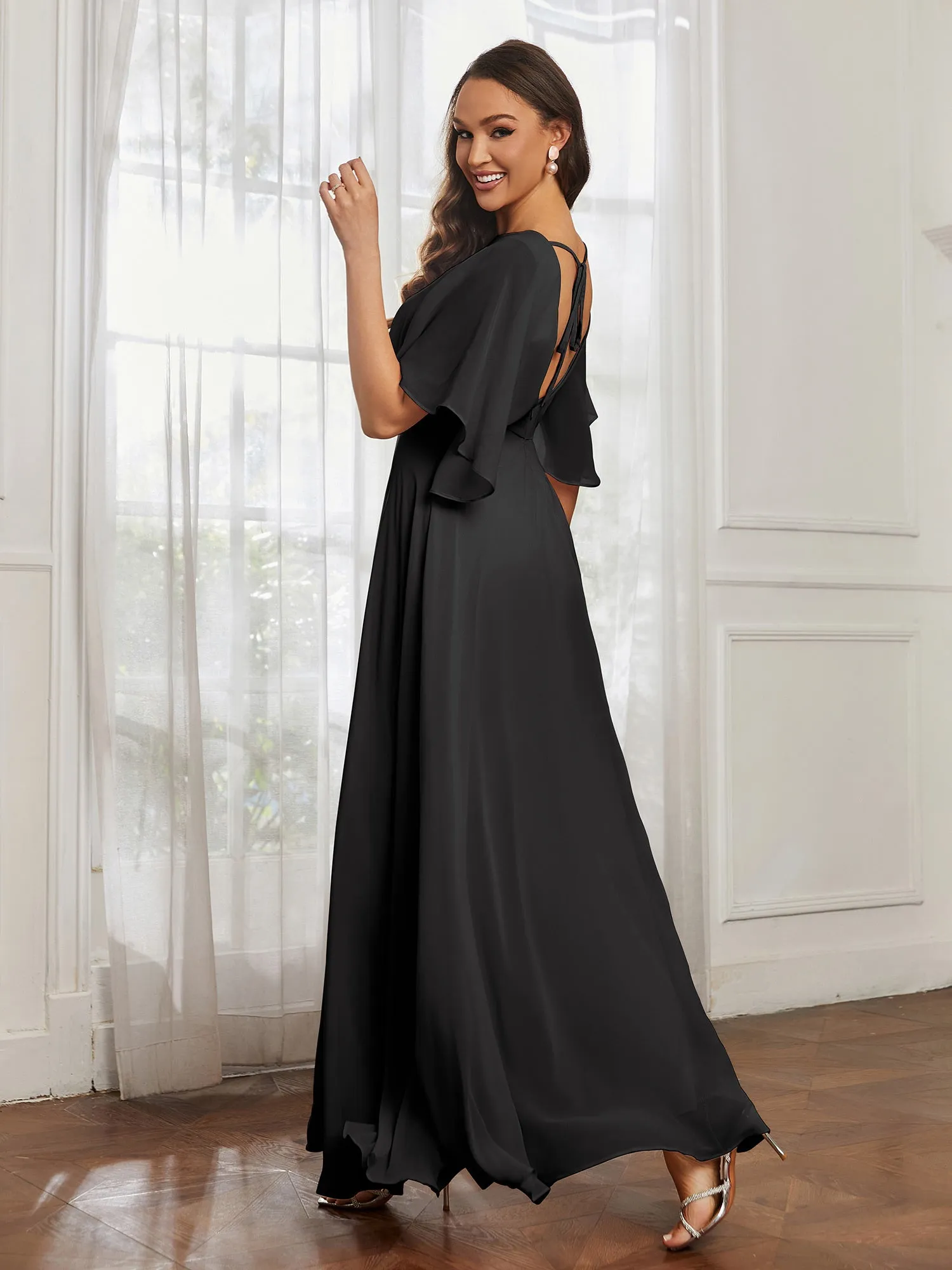 Flutter Sleeves Long Chiffon Bridesmaid Dresses-Black