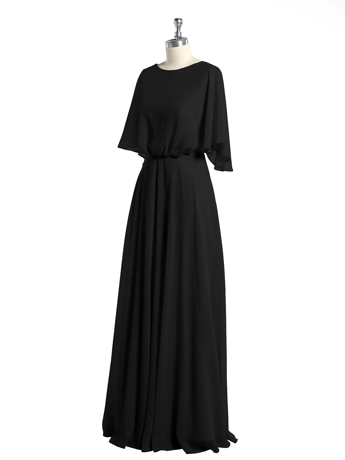 Flutter Sleeves Long Chiffon Bridesmaid Dresses-Black