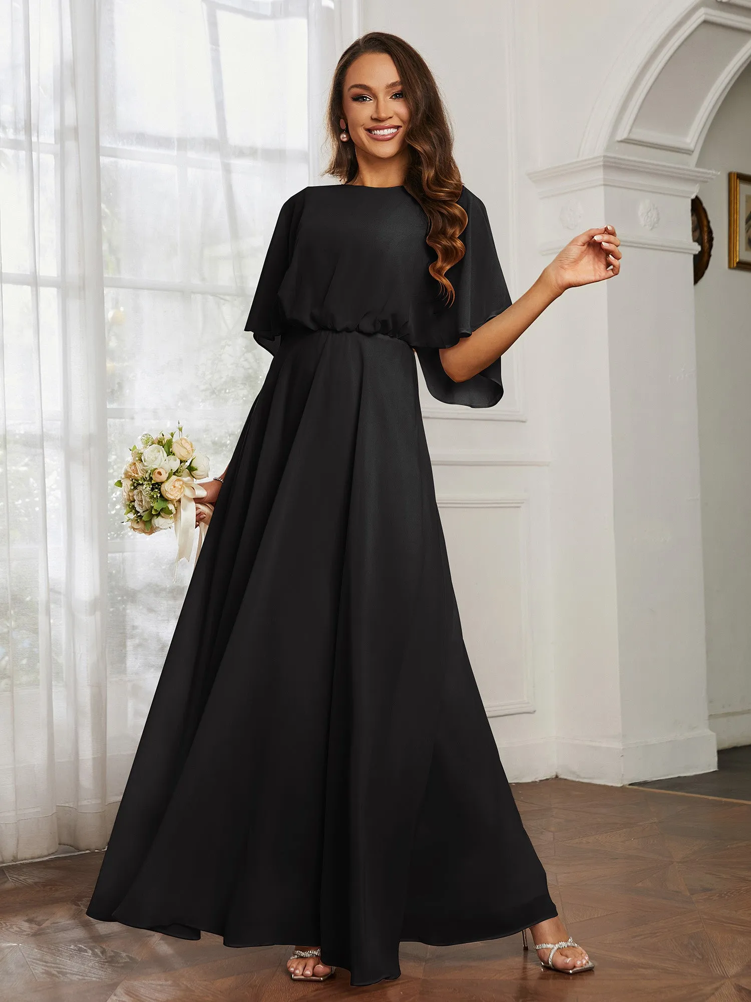 Flutter Sleeves Long Chiffon Bridesmaid Dresses-Black