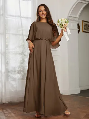 Flutter Sleeves Long Chiffon Bridesmaid Dresses-Brown